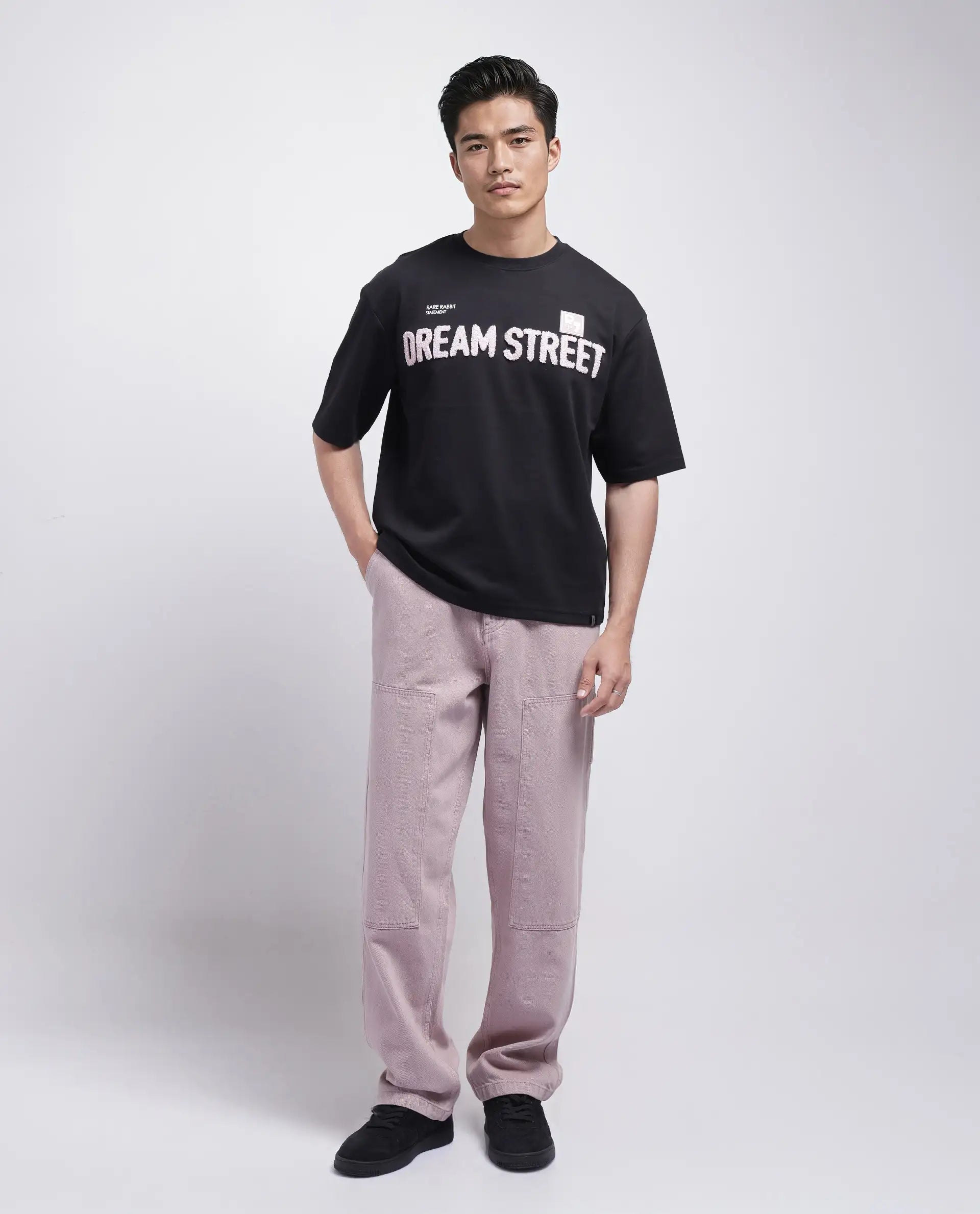 Rare Rabbit Men Soin Black Cotton Poly Fabric Short Sleeve Oversized Fit Graphic Print T-Shirt