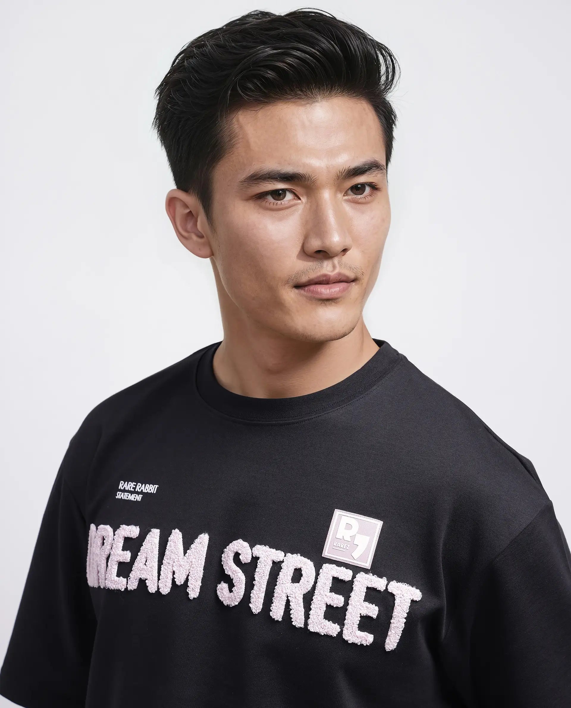 Rare Rabbit Men Soin Black Cotton Poly Fabric Short Sleeve Oversized Fit Graphic Print T-Shirt