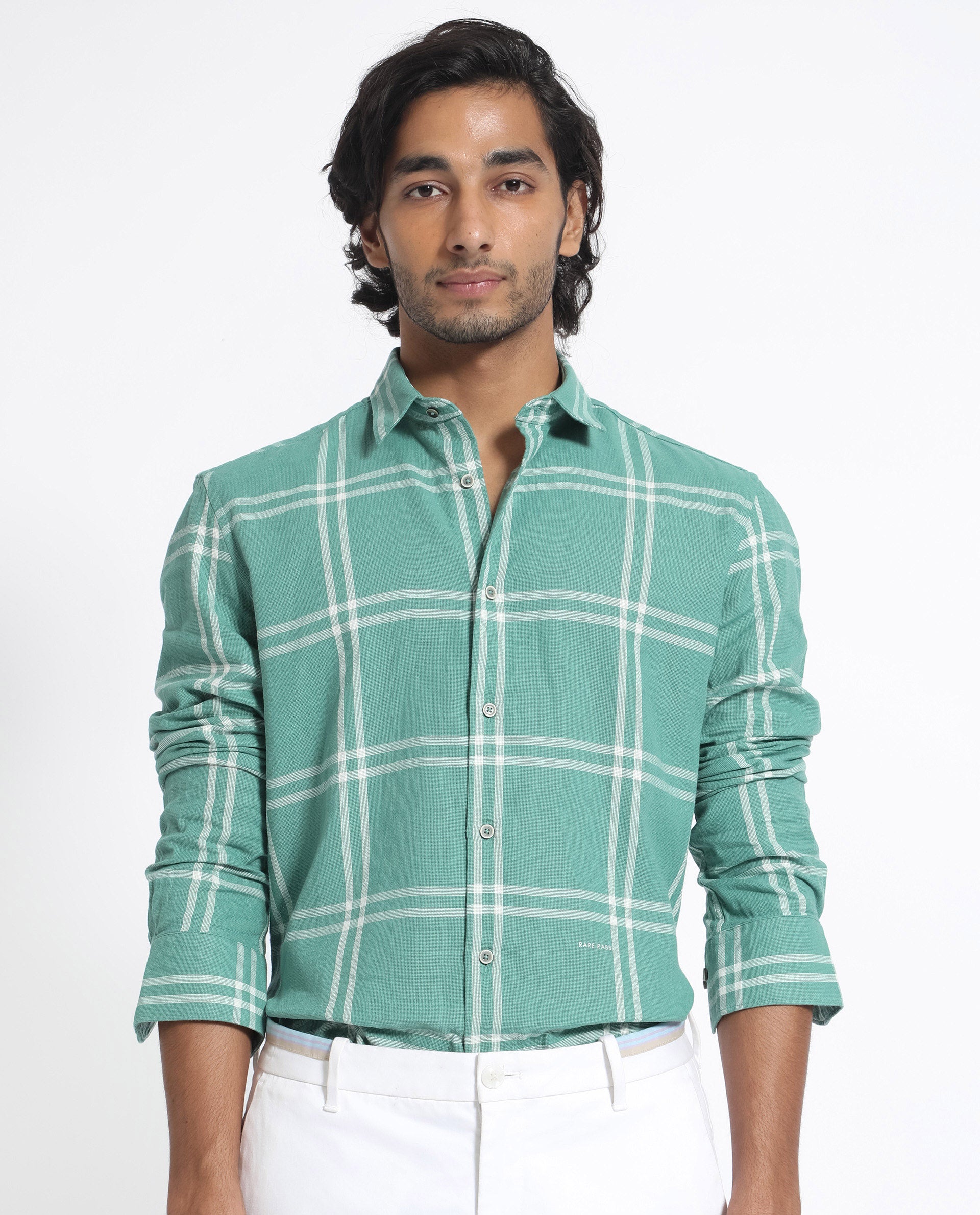 Rare Rabbit Men's Solan Green Cotton Fabric Full Sleeves Windowpane Check Shirt