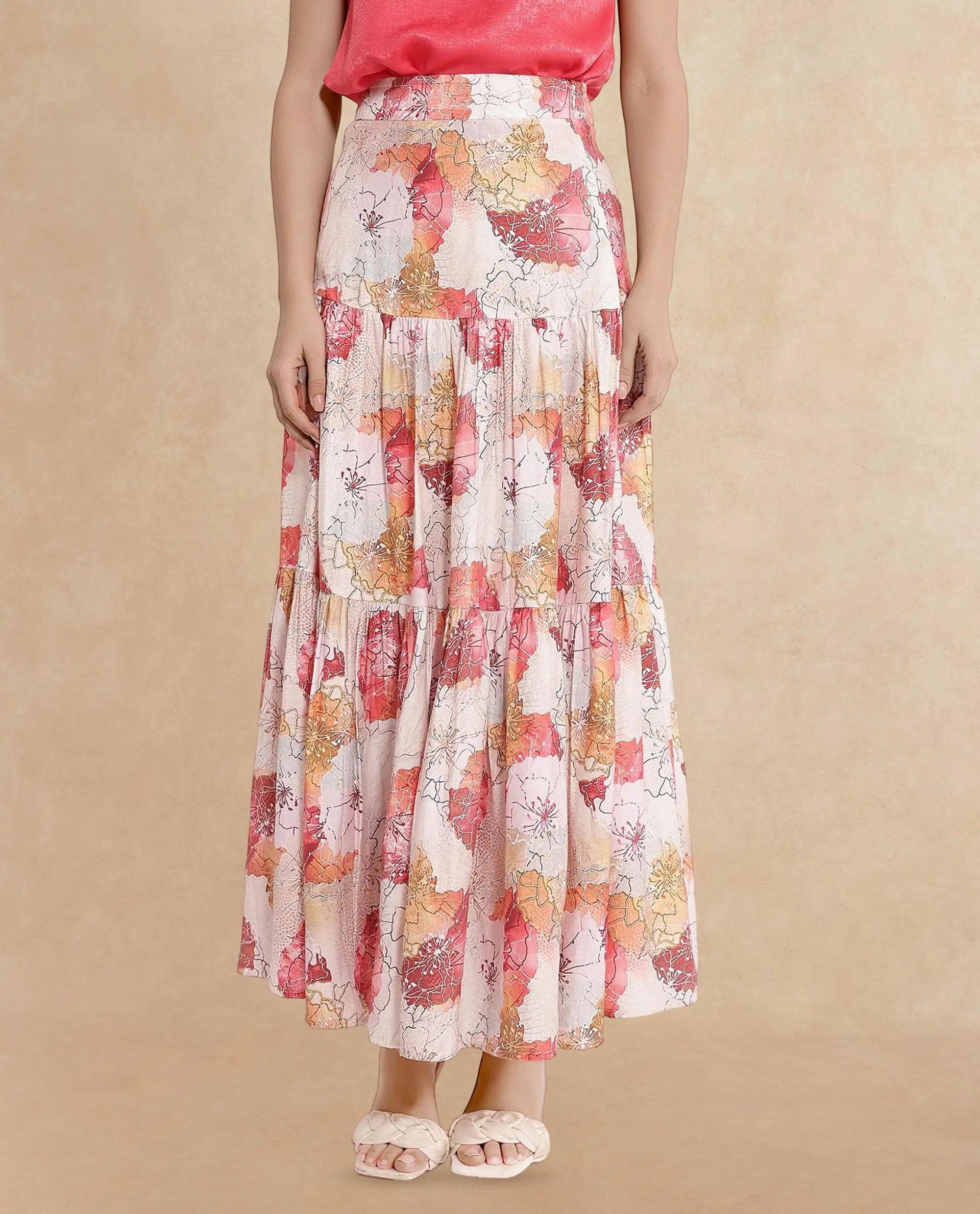 Rareism Women Solan Multi Zip Flared Maxi Floral Print Skirt