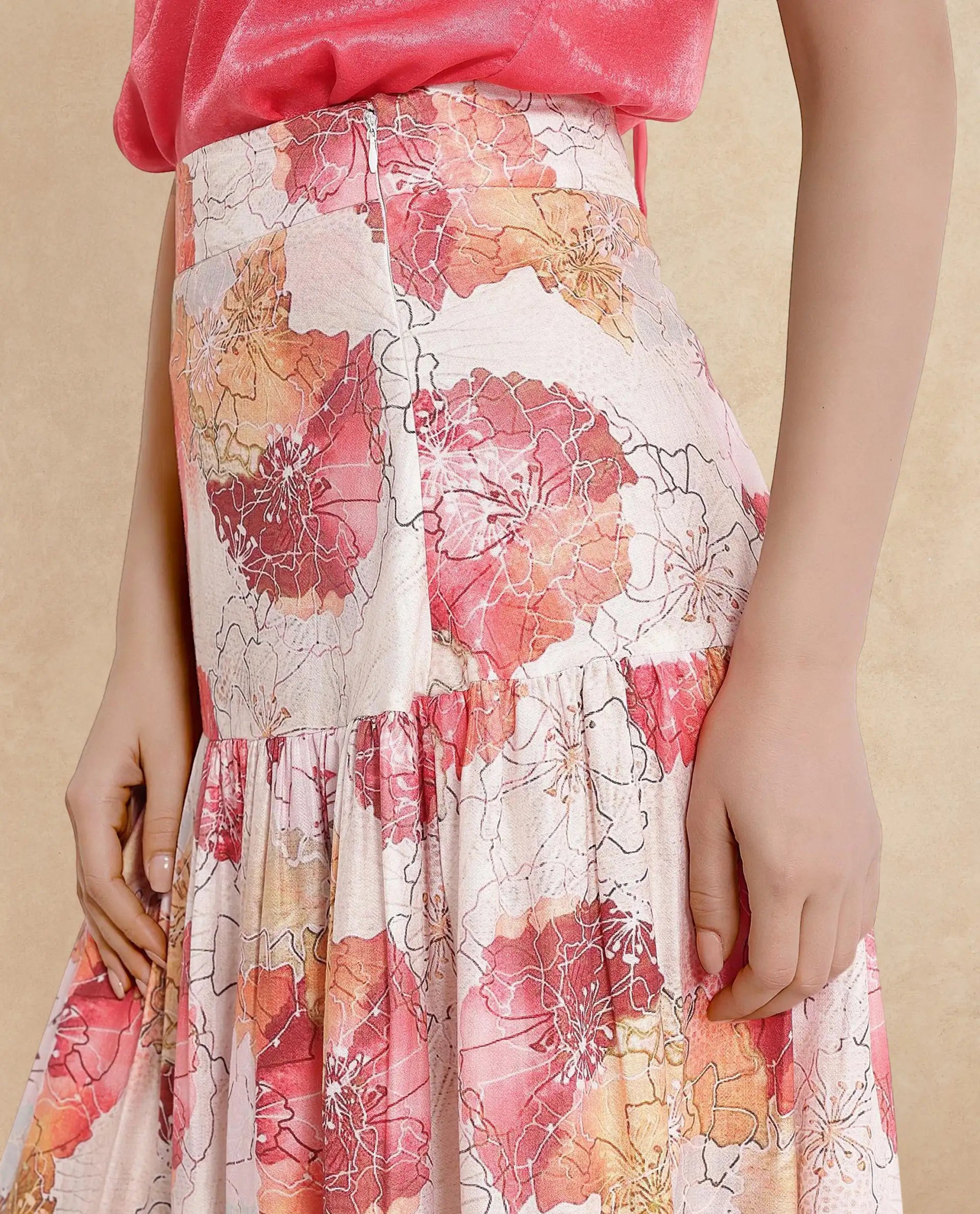 Rareism Women Solan Multi Zip Flared Maxi Floral Print Skirt