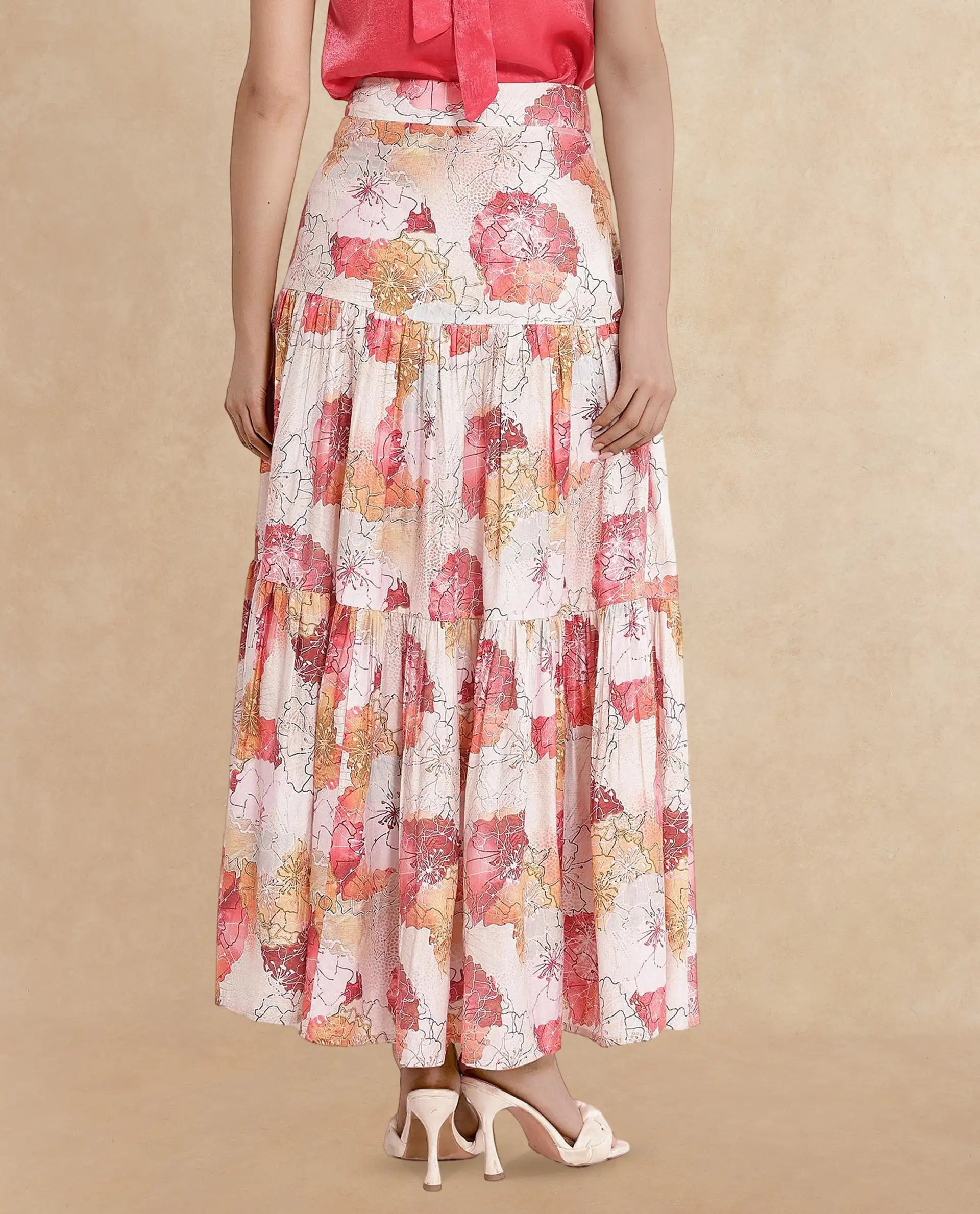 Rareism Women Solan Multi Zip Flared Maxi Floral Print Skirt