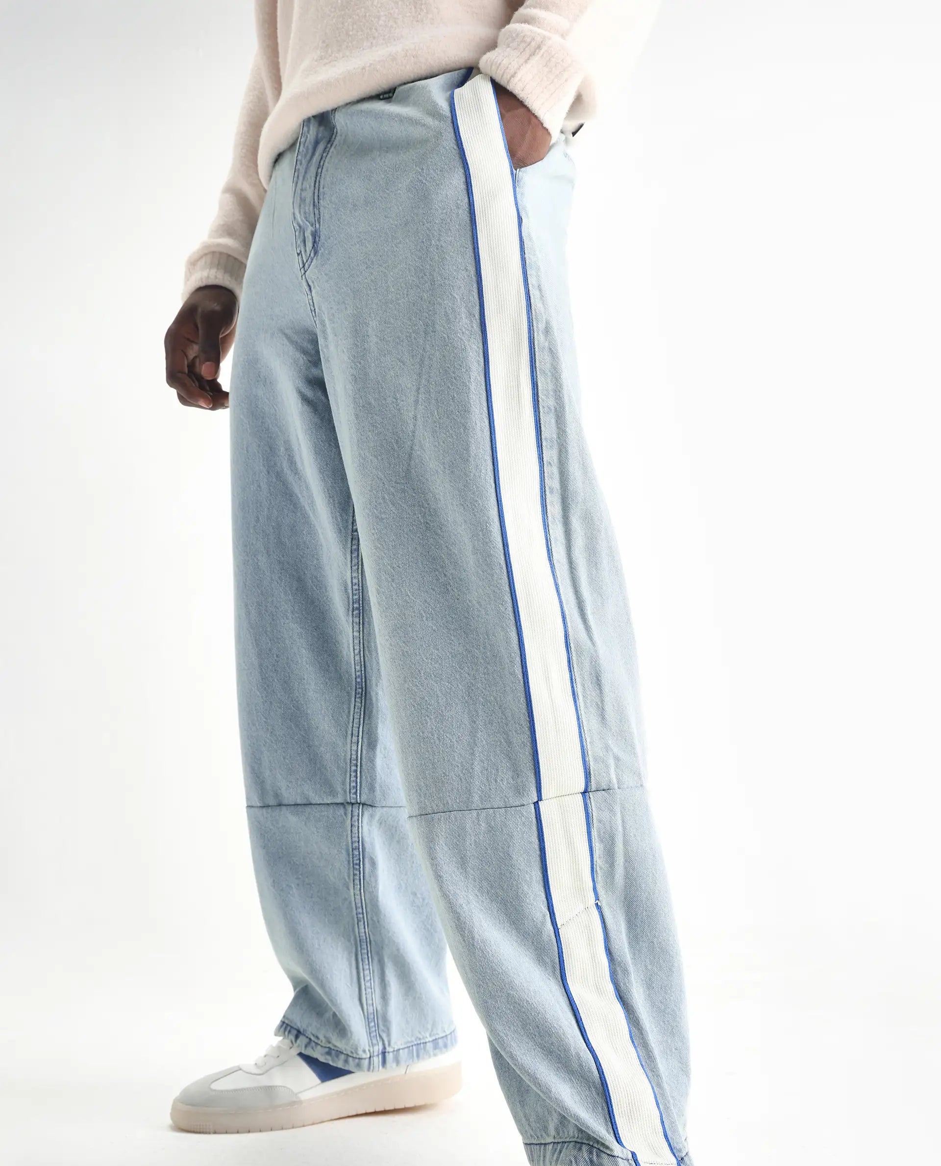 Rare Rabbit Men's Sol Light Blue Cotton Plain Baggy Fit Jeans