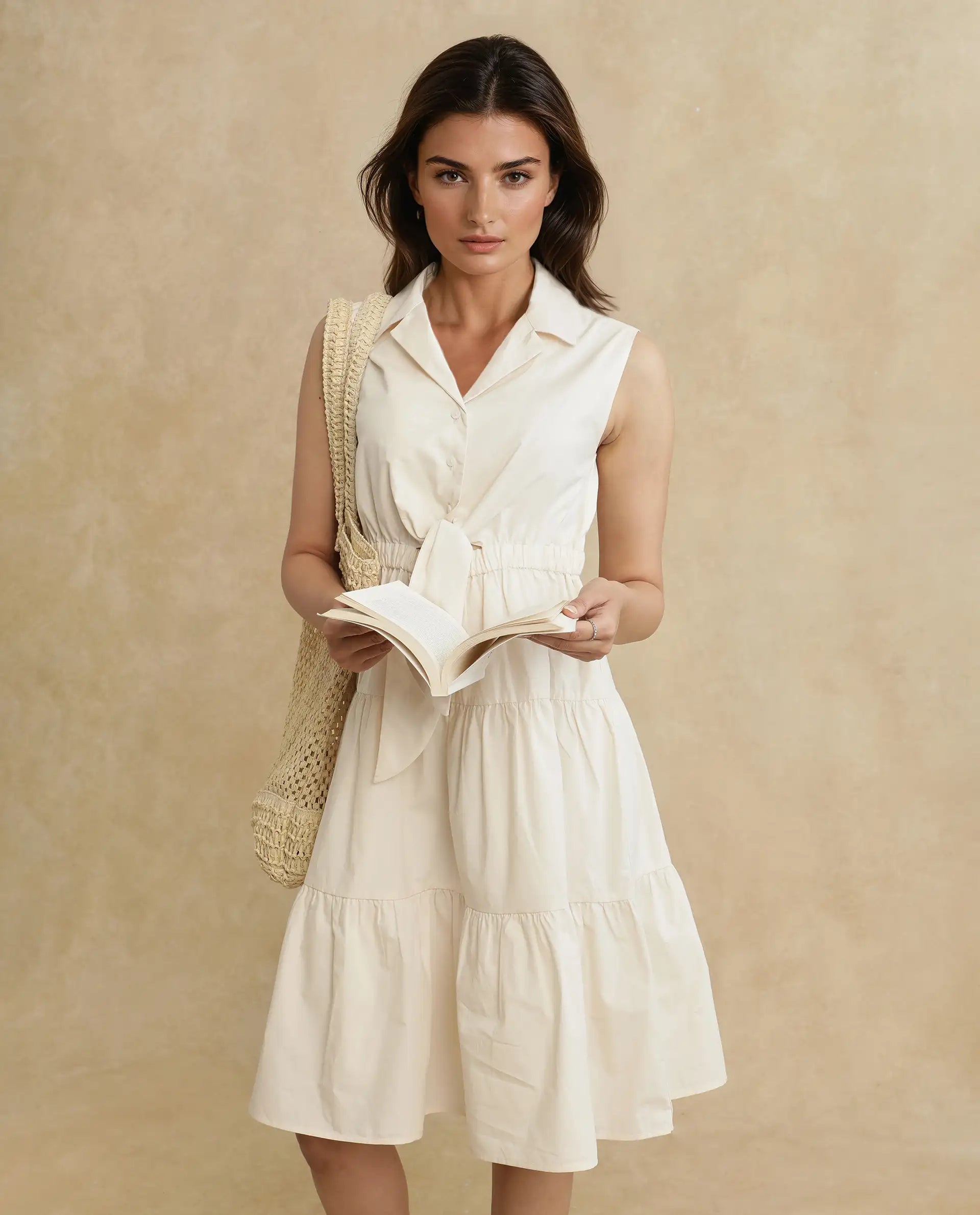 Rareism Women Somaka Beige Cotton Fabric Sleeveless Collared Neck Button Closure Fit And Flare Mini Plain Dress