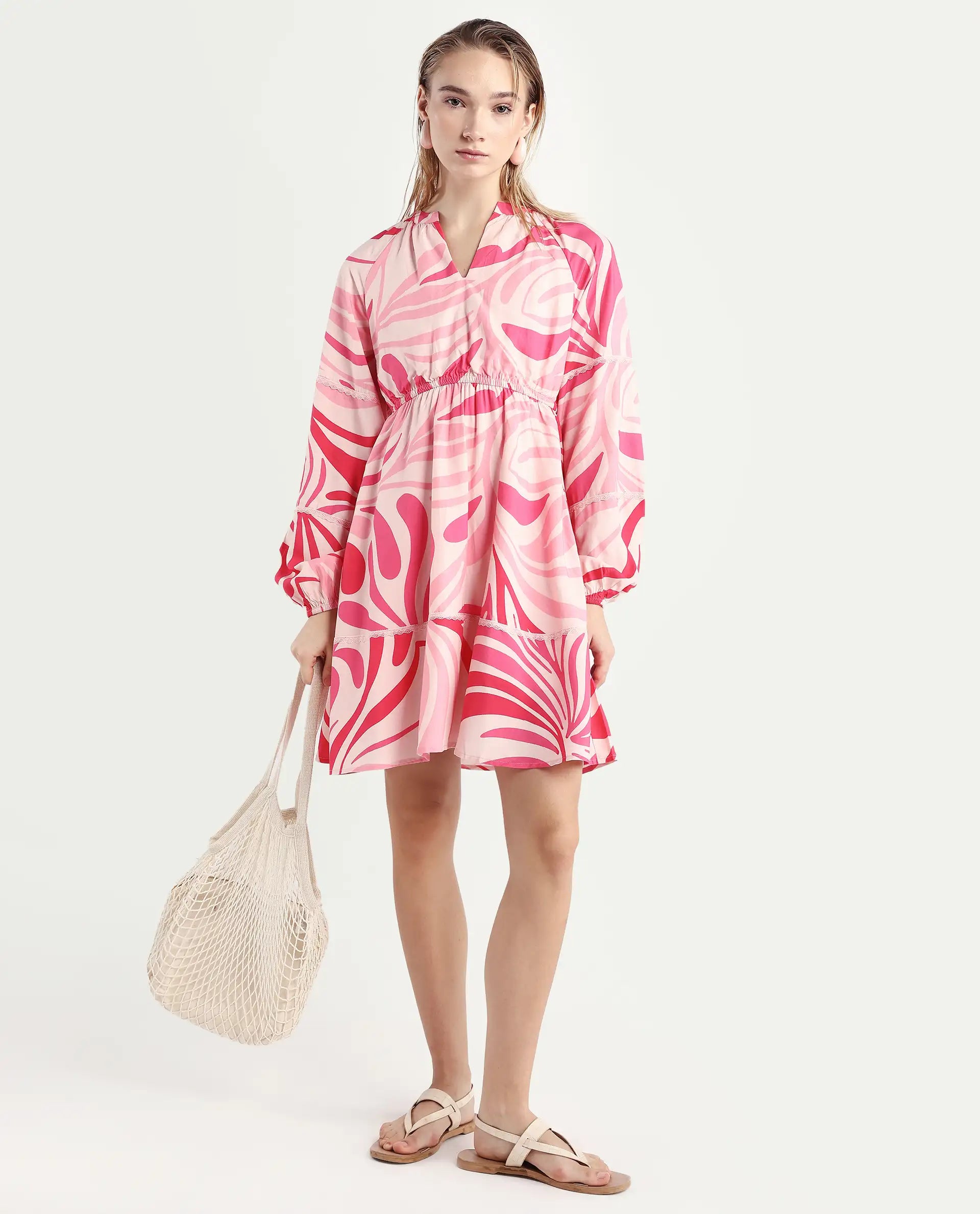 Rareism Women's Somalin Multi Viscose Mandarin Collar Abstract Print Raglan Sleeve Mini Fit And Flare Dress