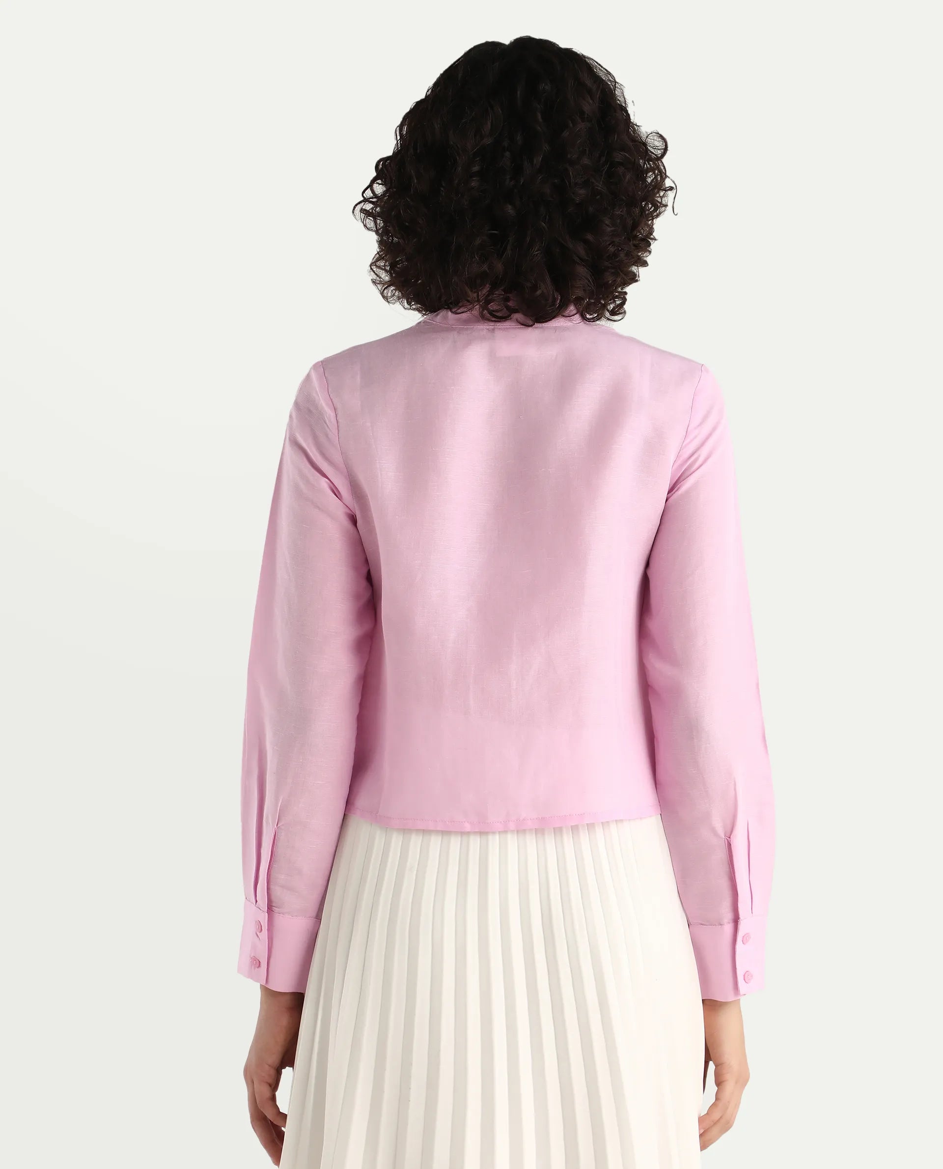 Rareism Women's Soman Light Pink Modal Blend Mandarin Collar Plain Cuffed Sleeve Crop Regular Fit Shirt