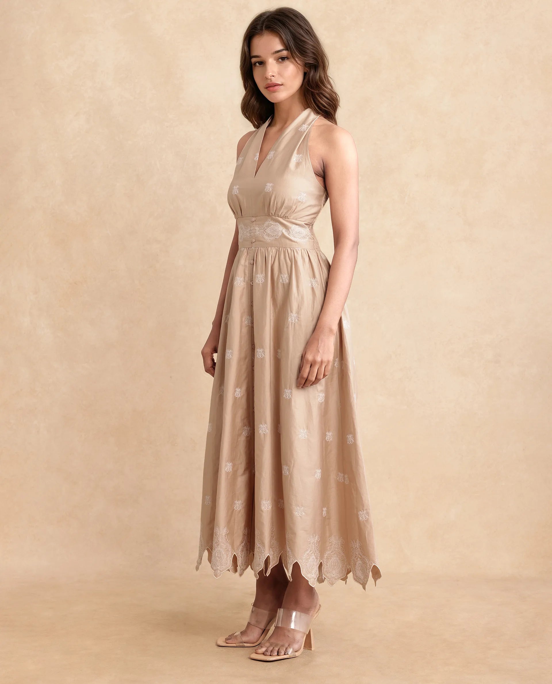 Rareism Women's Somaxa Beige Cotton Halter Neck Plain Sleeveless Midi A-Line Dress