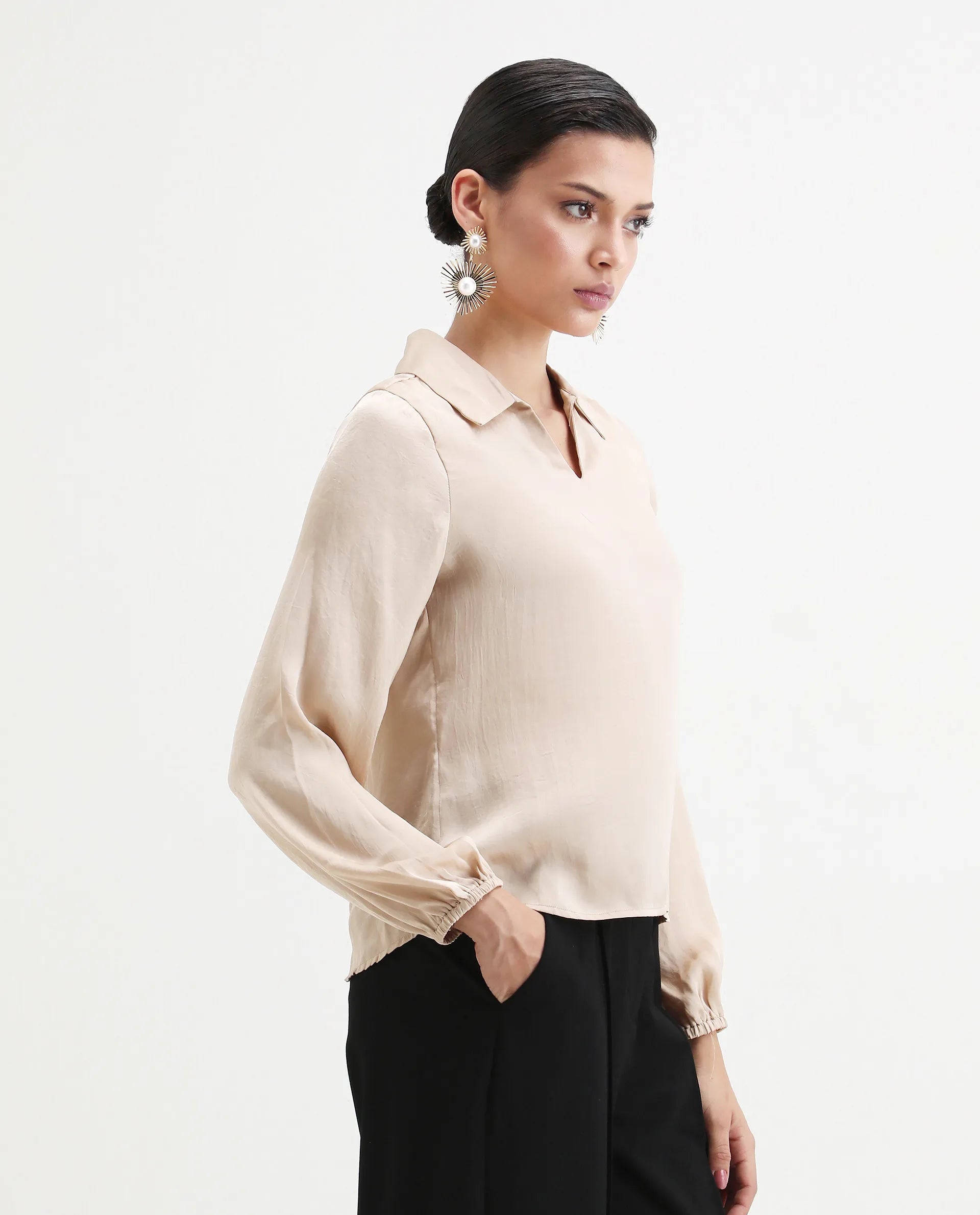 Rareism Women's Somaxar Beige Polyester V-Neck Plain Bishop Sleeve Regular Fit Top