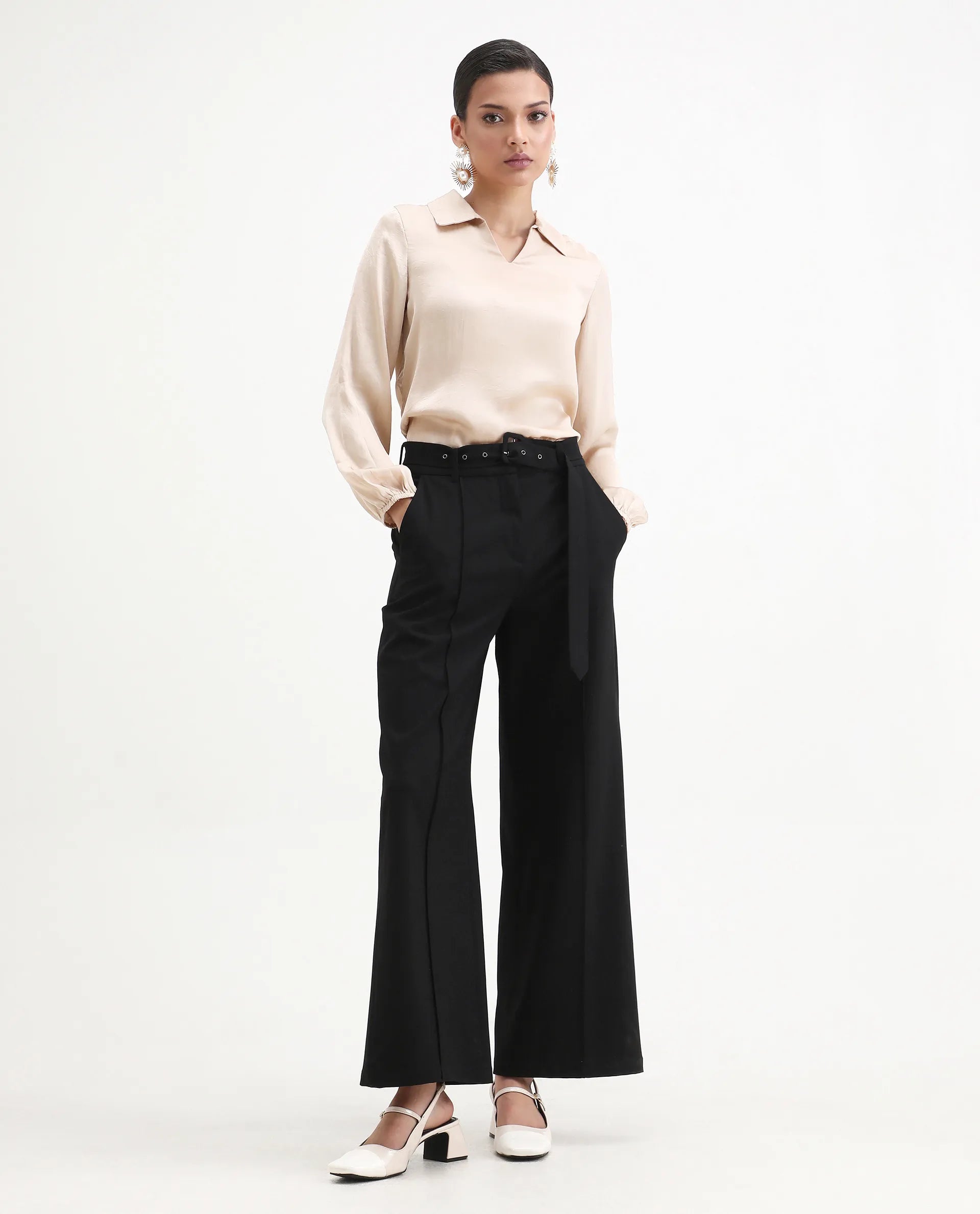 Rareism Women's Somaxar Beige Polyester V-Neck Plain Bishop Sleeve Regular Fit Top