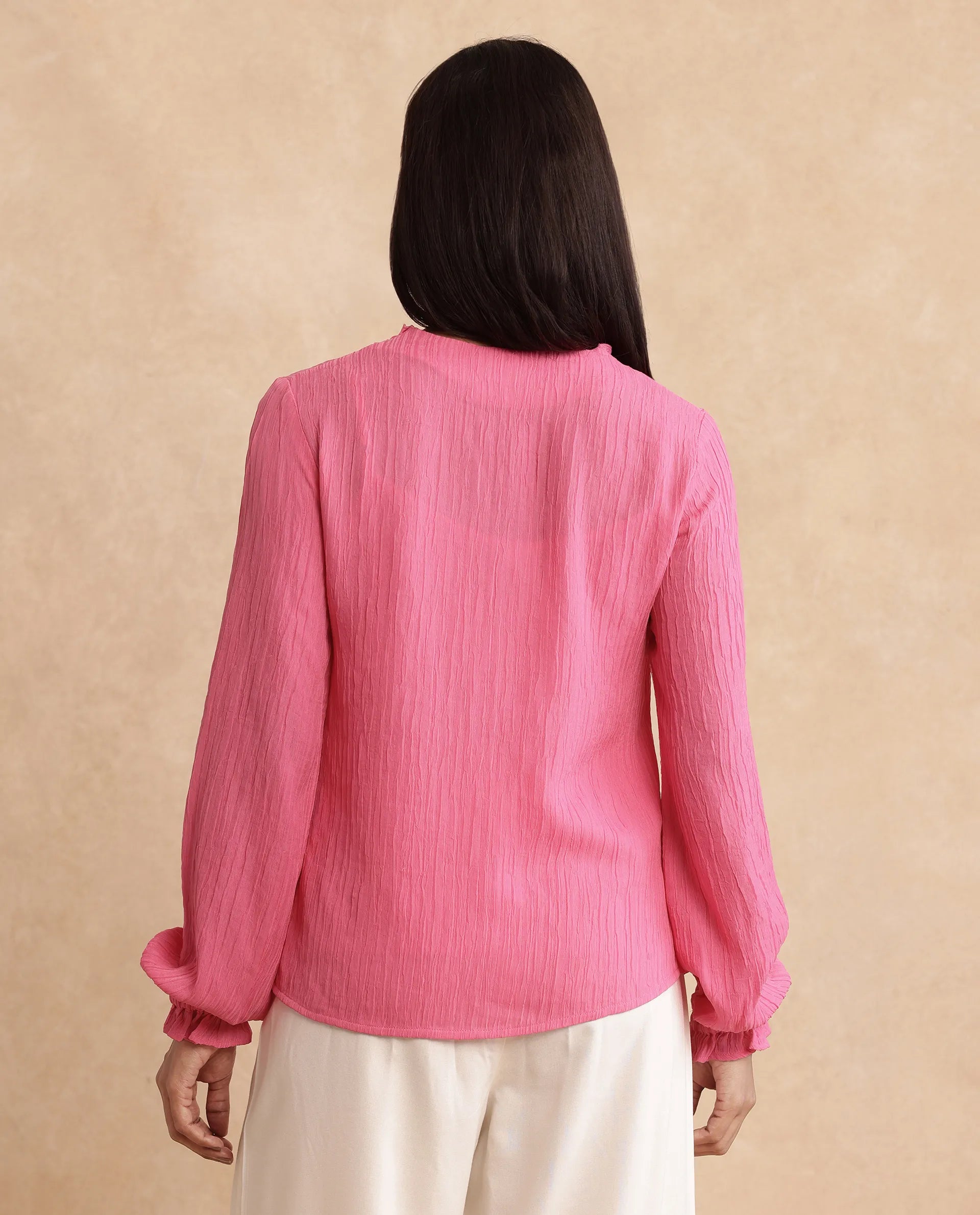 Rareism Women's Sombil Pink Polyester V-Neck Plain Bishop Sleeve Regular Fit Top