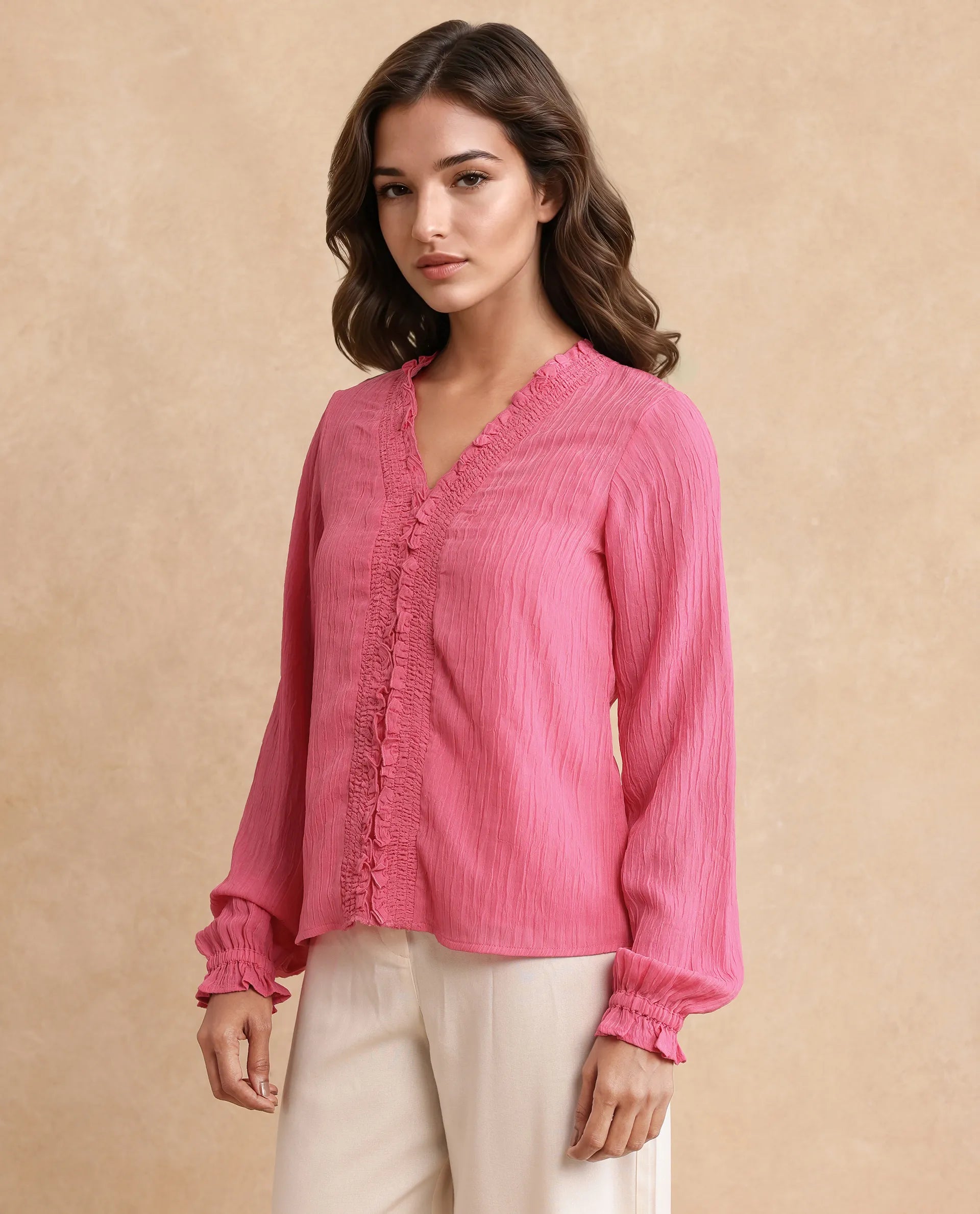 Rareism Women's Sombil Pink Polyester V-Neck Plain Bishop Sleeve Regular Fit Top