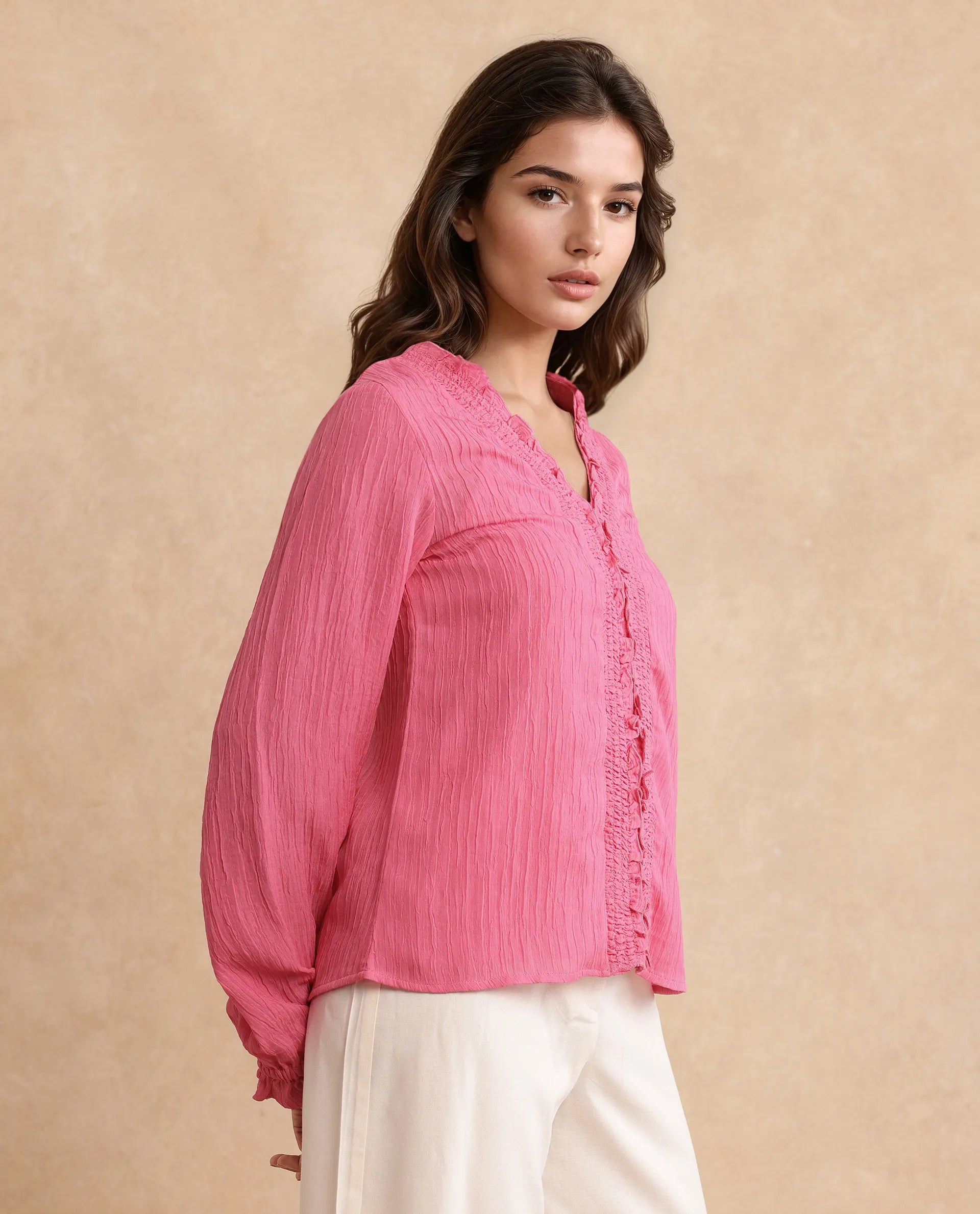 Rareism Women's Sombil Pink Polyester V-Neck Plain Bishop Sleeve Regular Fit Top