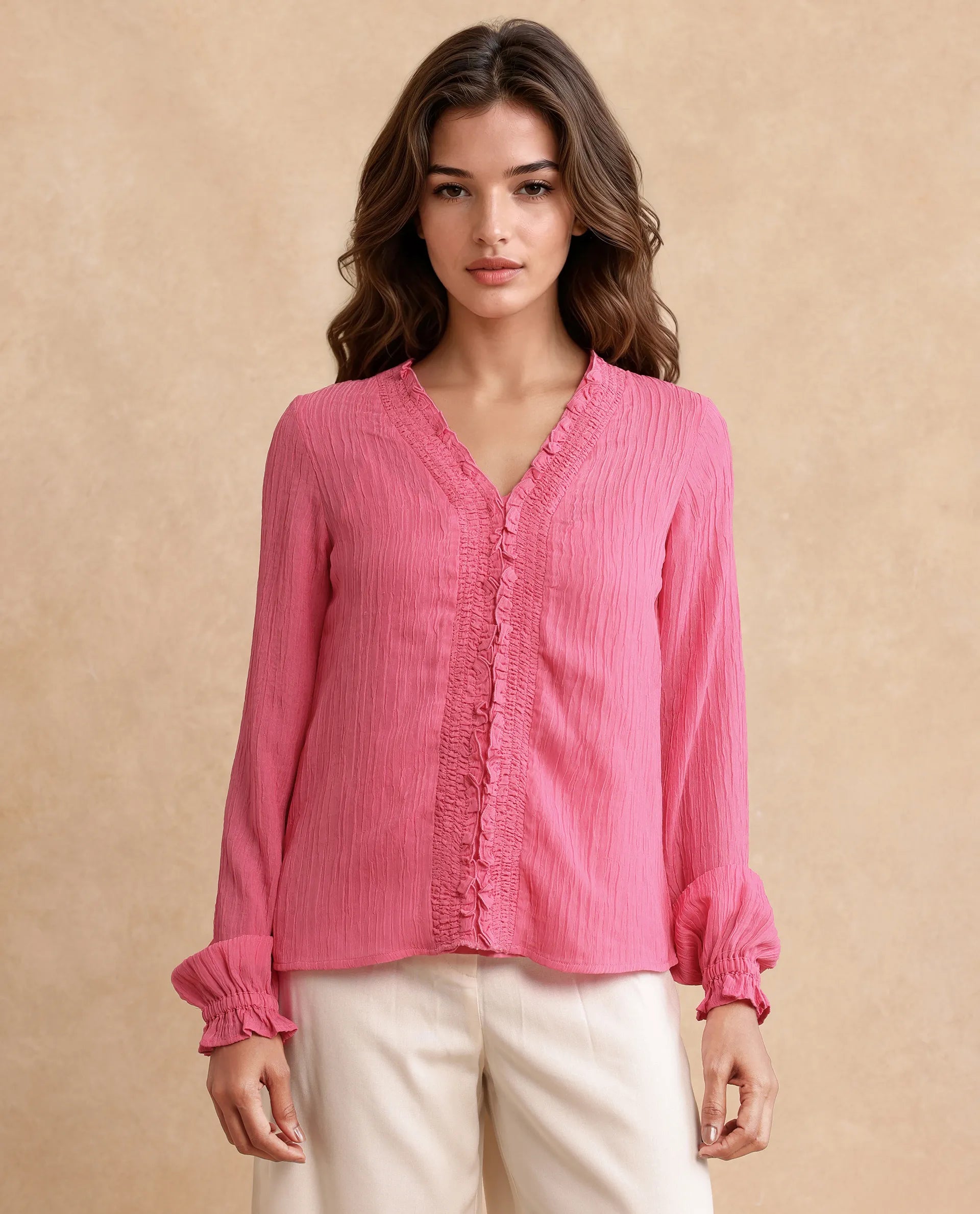 Rareism Women's Sombil Pink Polyester V-Neck Plain Bishop Sleeve Regular Fit Top