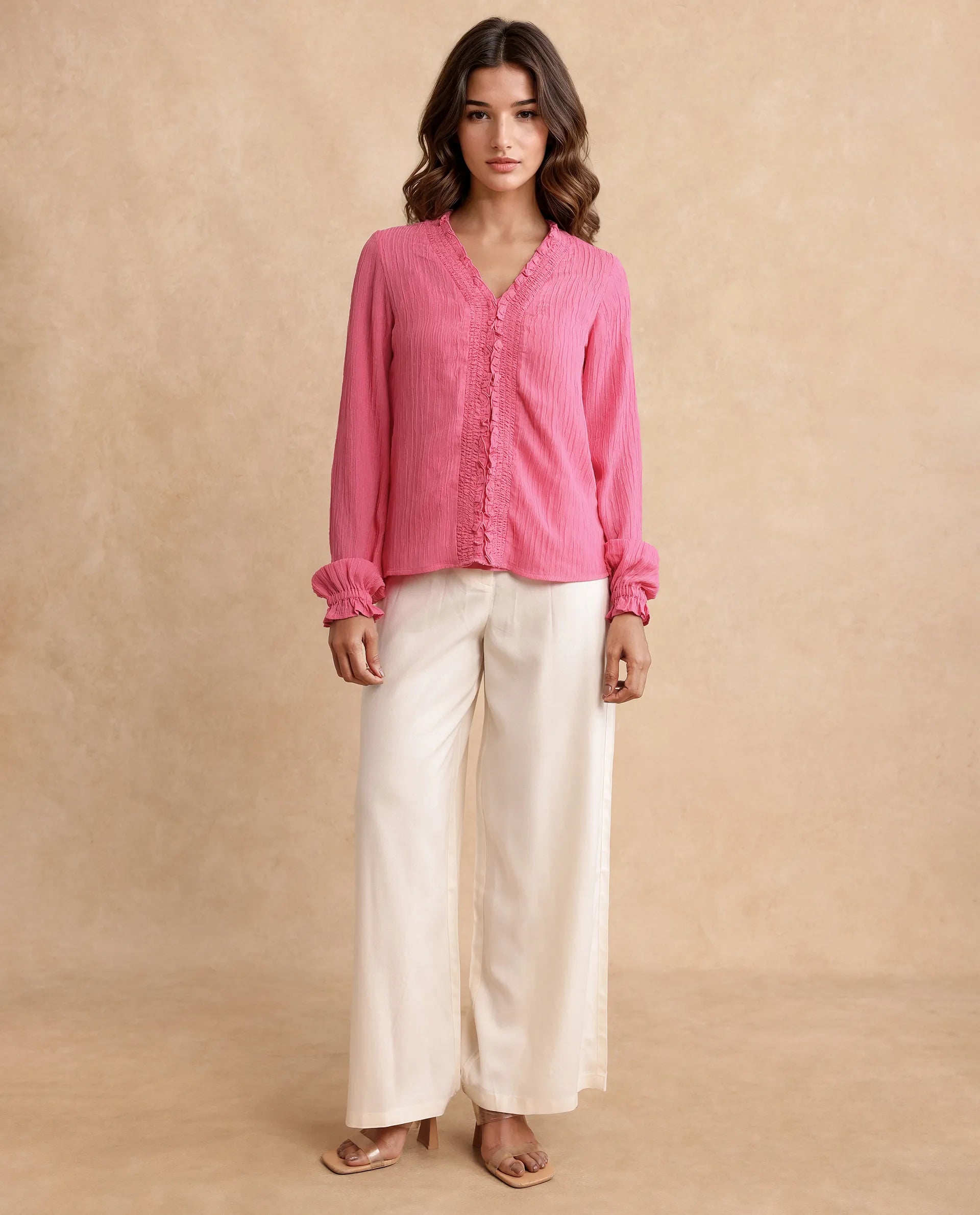 Rareism Women's Sombil Pink Polyester V-Neck Plain Bishop Sleeve Regular Fit Top