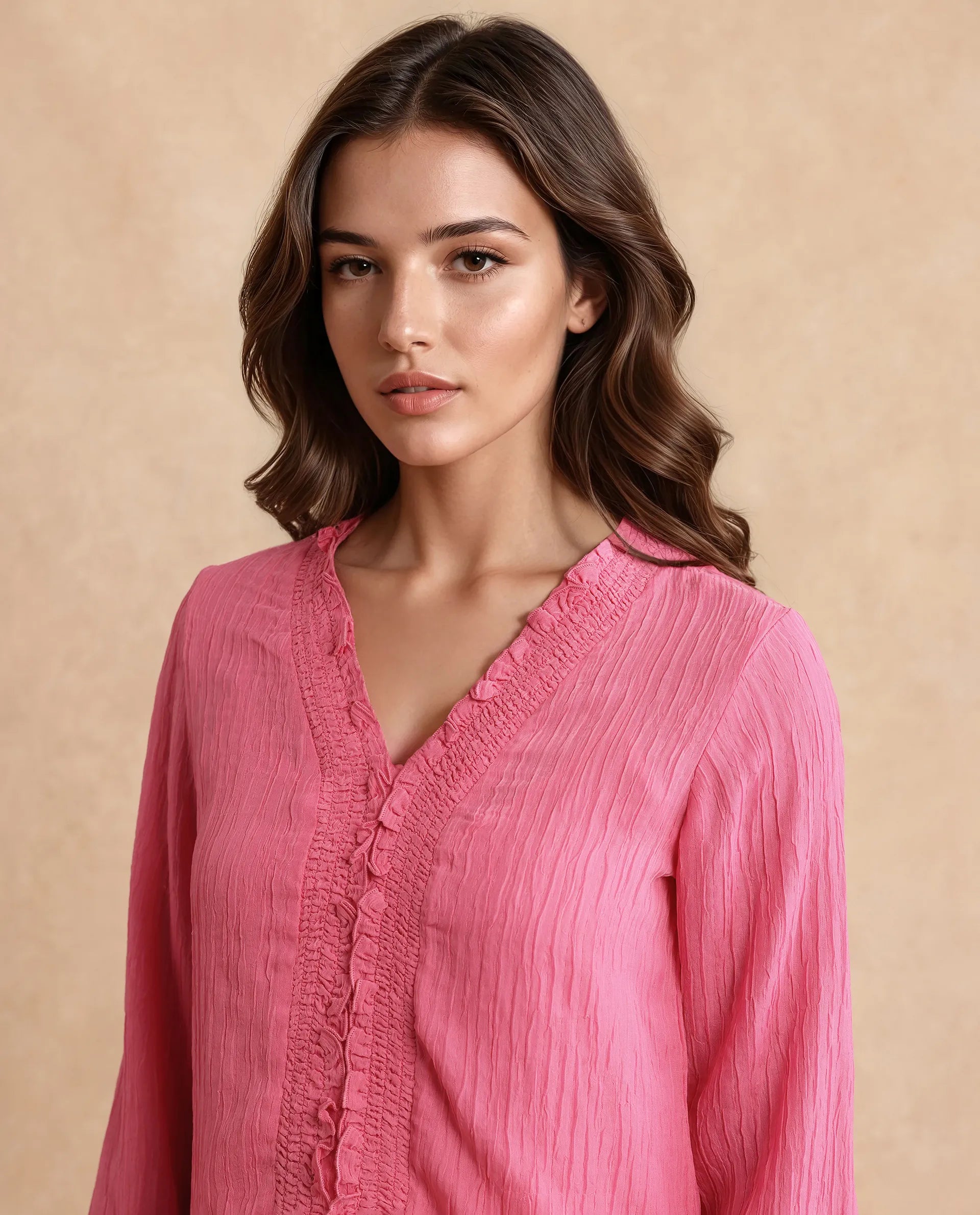 Rareism Women's Sombil Pink Polyester V-Neck Plain Bishop Sleeve Regular Fit Top