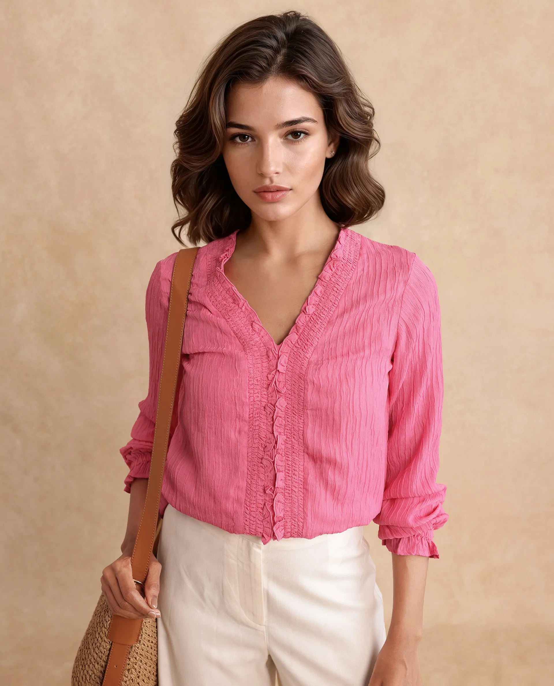 Rareism Women's Sombil Pink Polyester V-Neck Plain Bishop Sleeve Regular Fit Top