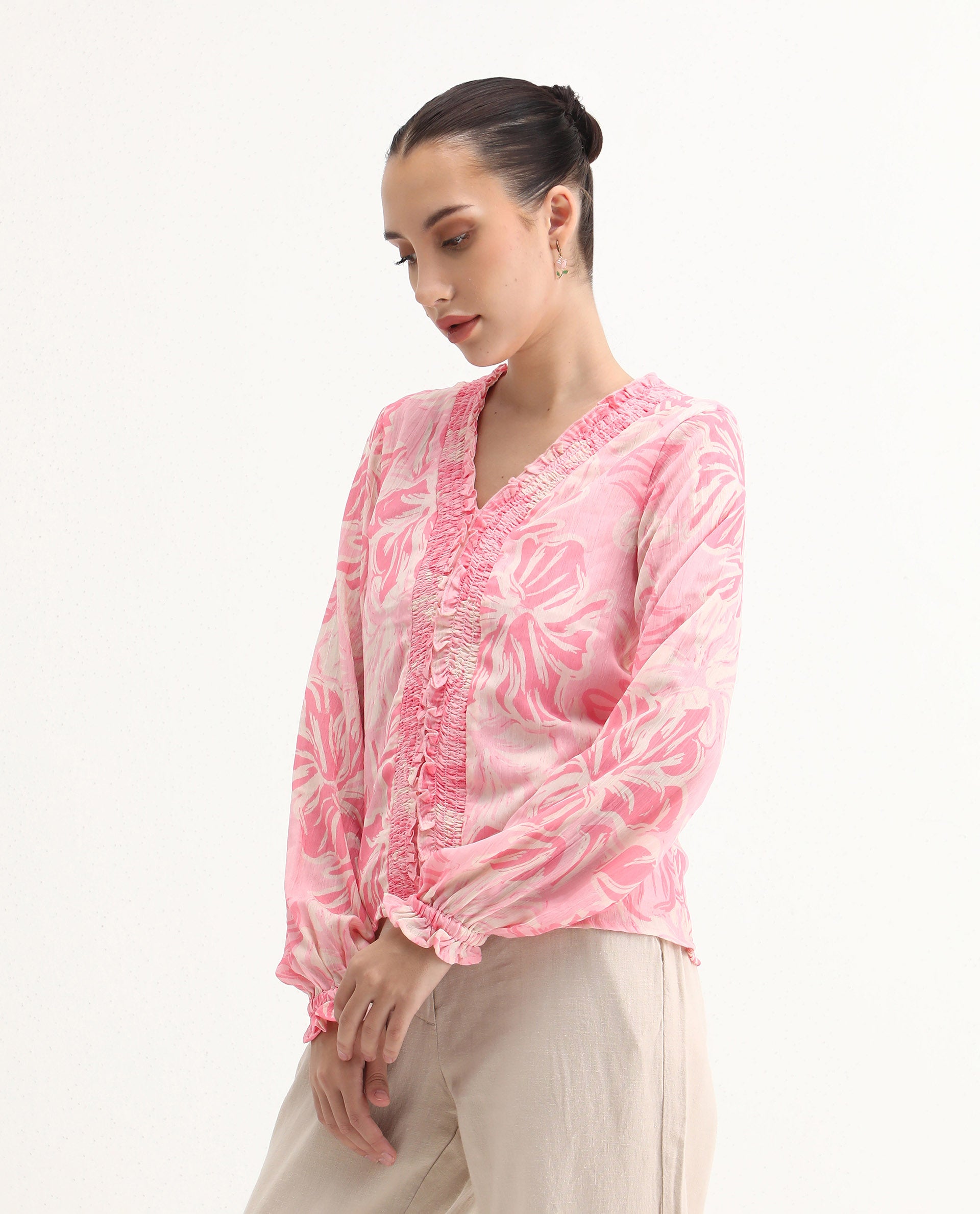 Rareism Women's Sombo Pink Polyester V-Neck Floral Print Bishop Sleeve Regular Fit Top