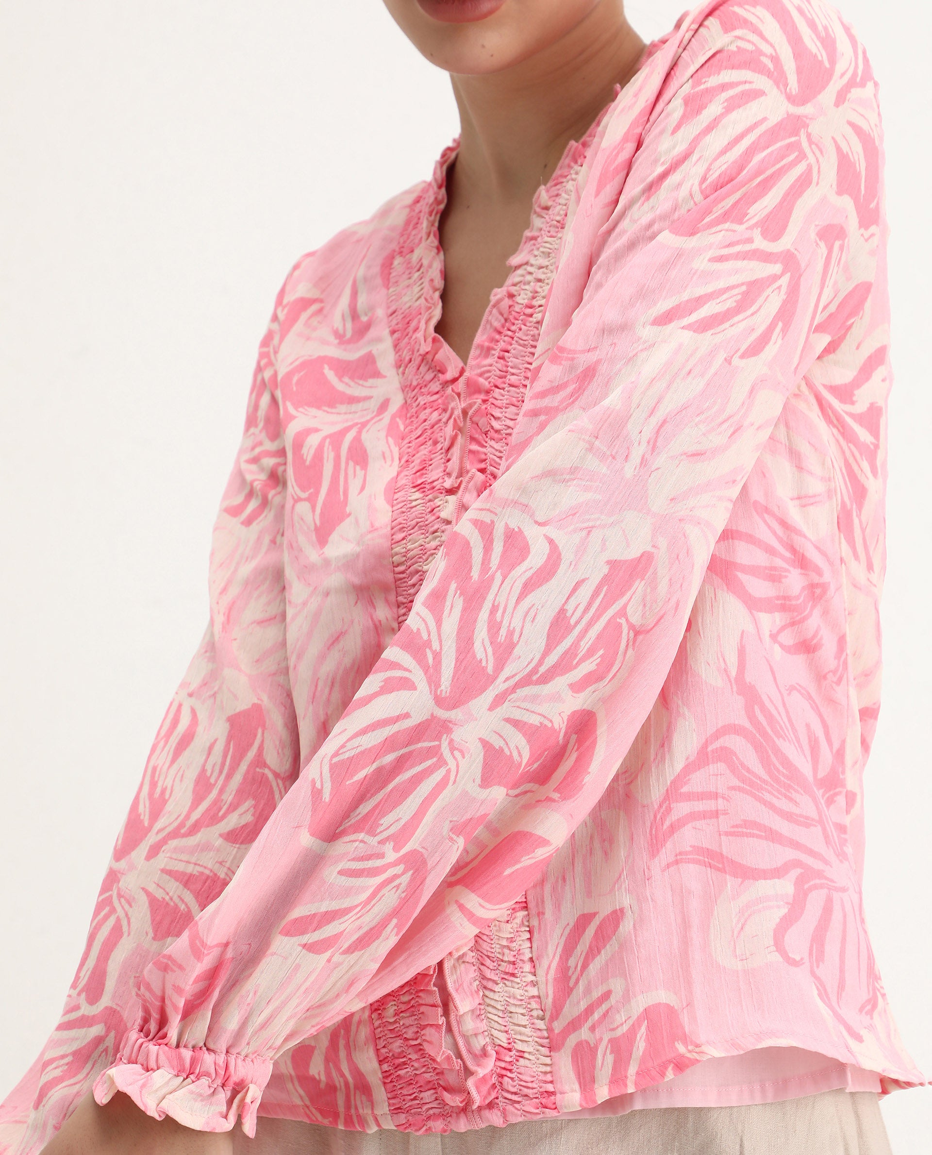 Rareism Women's Sombo Pink Polyester V-Neck Floral Print Bishop Sleeve Regular Fit Top