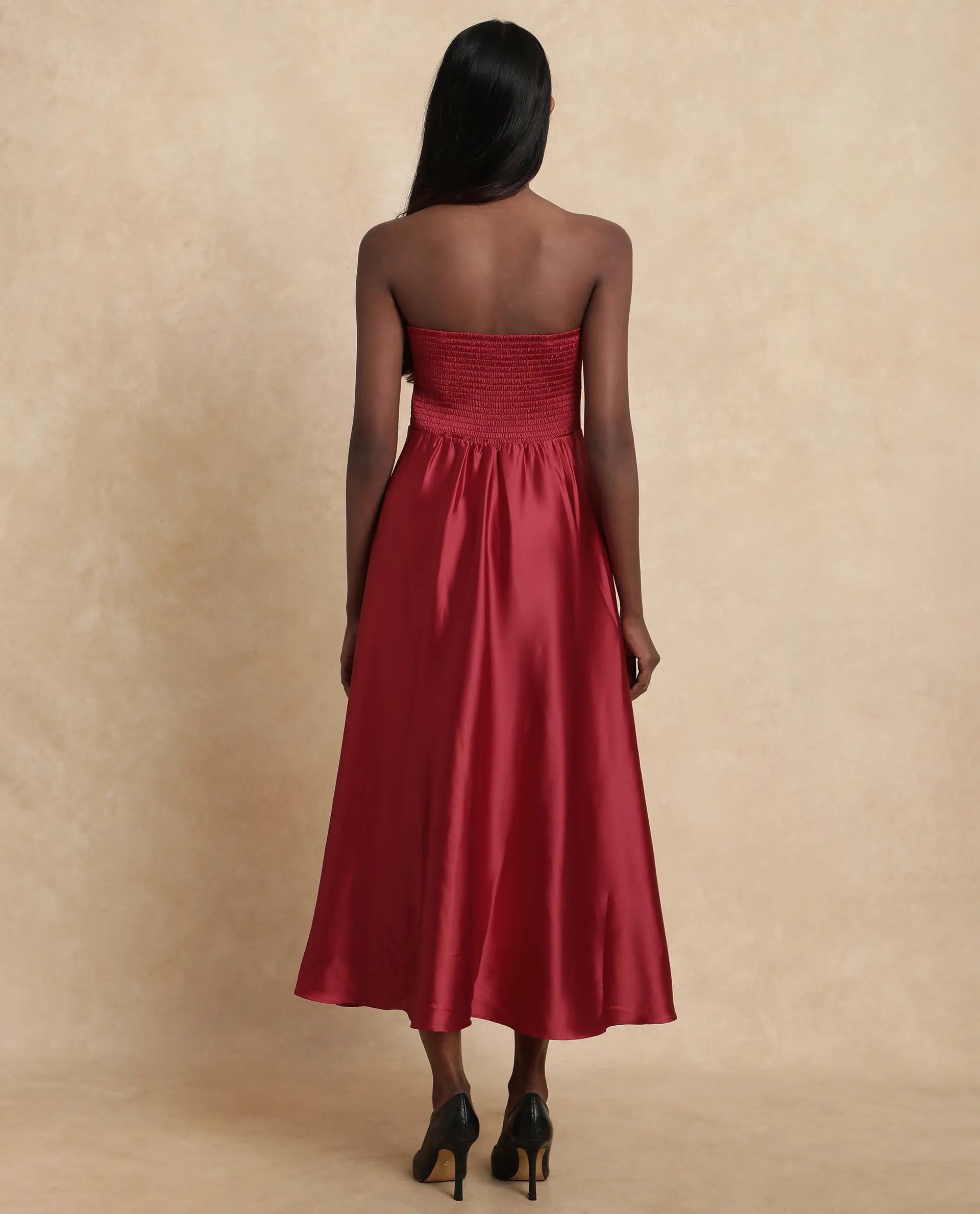 Rareism Women Somfar Red Polyester Fabric Sleeveless Sweet Heart Collar Flared Midi Plain Dress