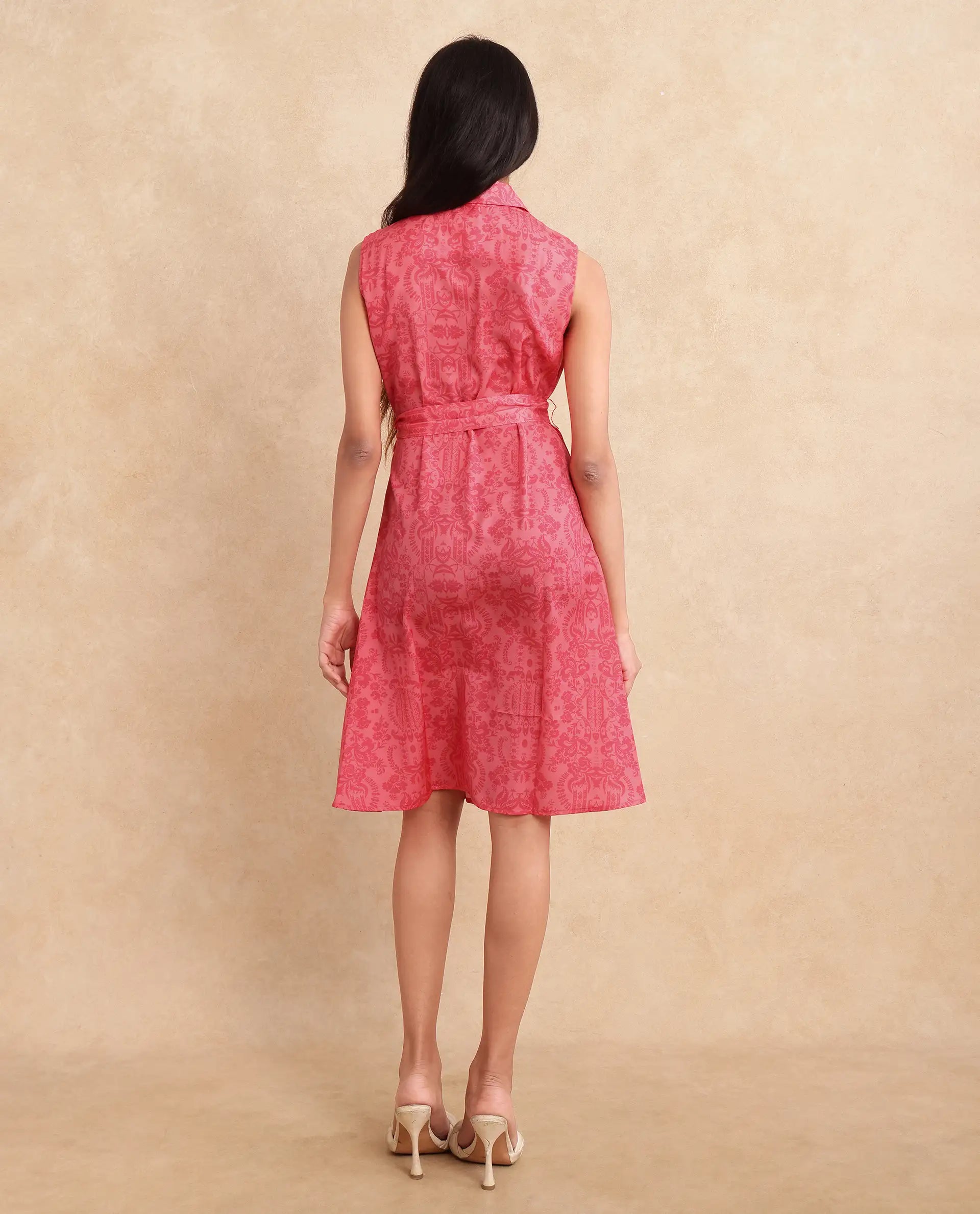 Rareism Women Somfril Pink Polyester Fabric Sleeveless Collared Neck Button Closure A-Line Knee Length Abstract Print Dress