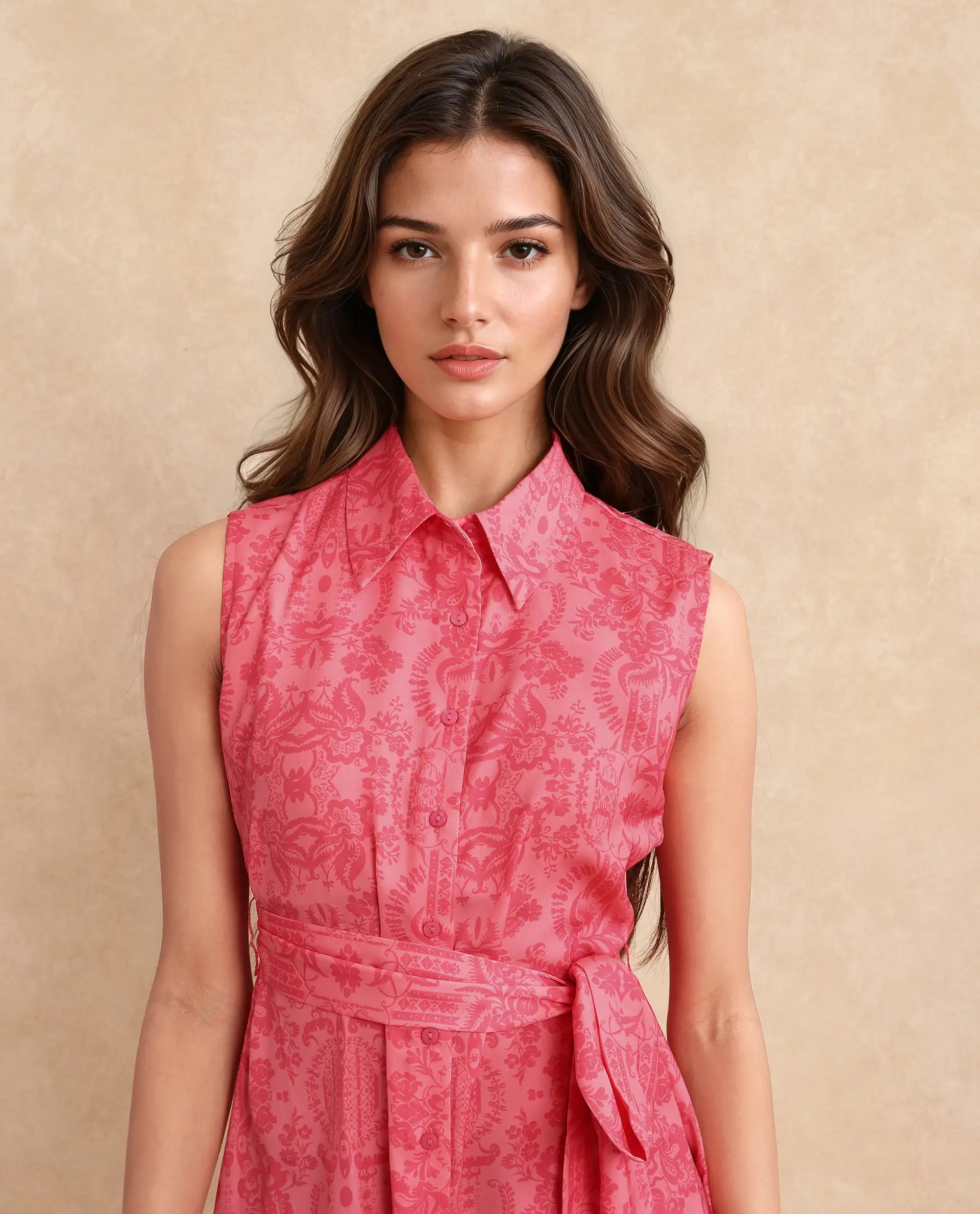 Rareism Women Somfril Pink Polyester Fabric Sleeveless Collared Neck Button Closure A-Line Knee Length Abstract Print Dress