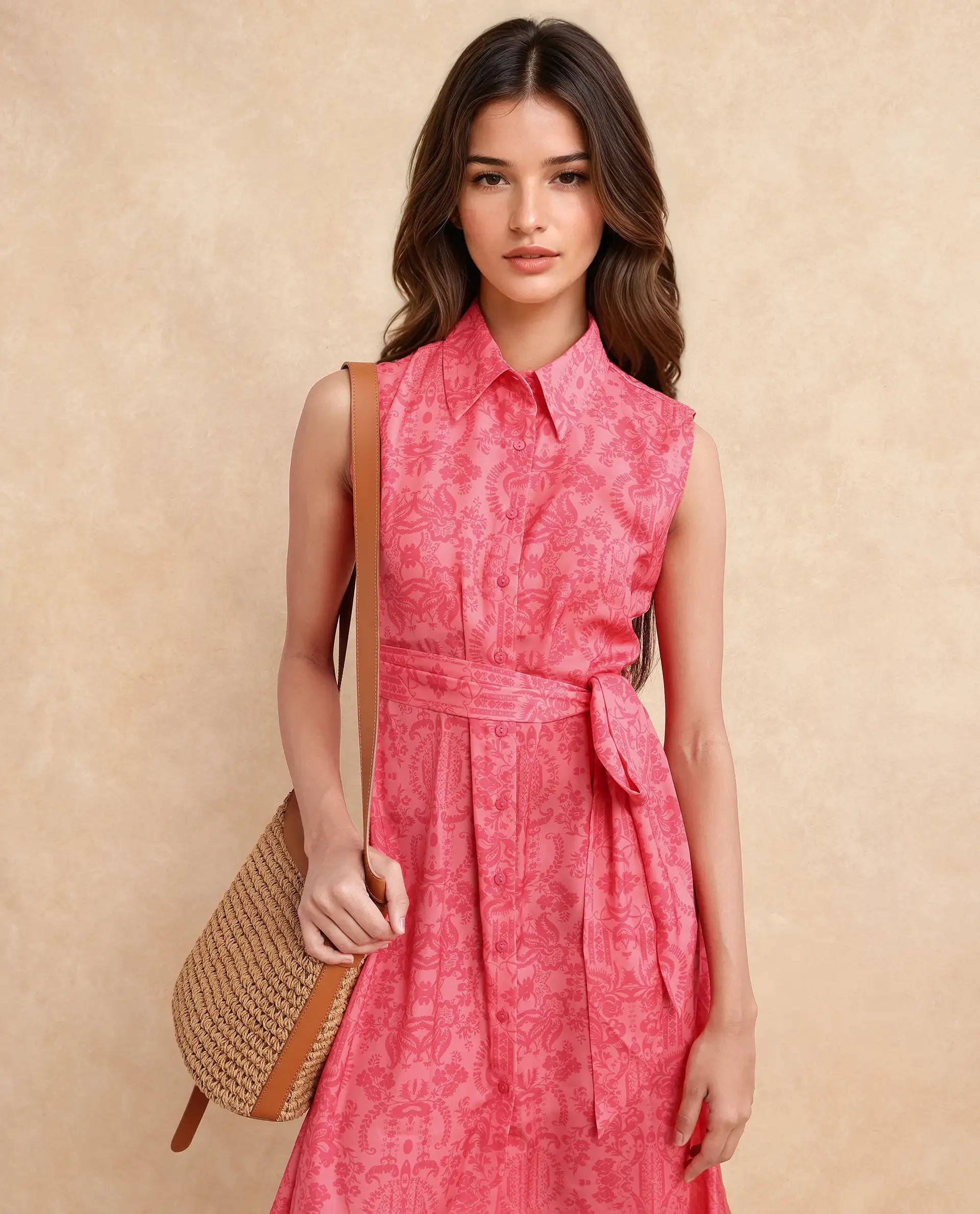 Rareism Women Somfril Pink Polyester Fabric Sleeveless Collared Neck Button Closure A-Line Knee Length Abstract Print Dress