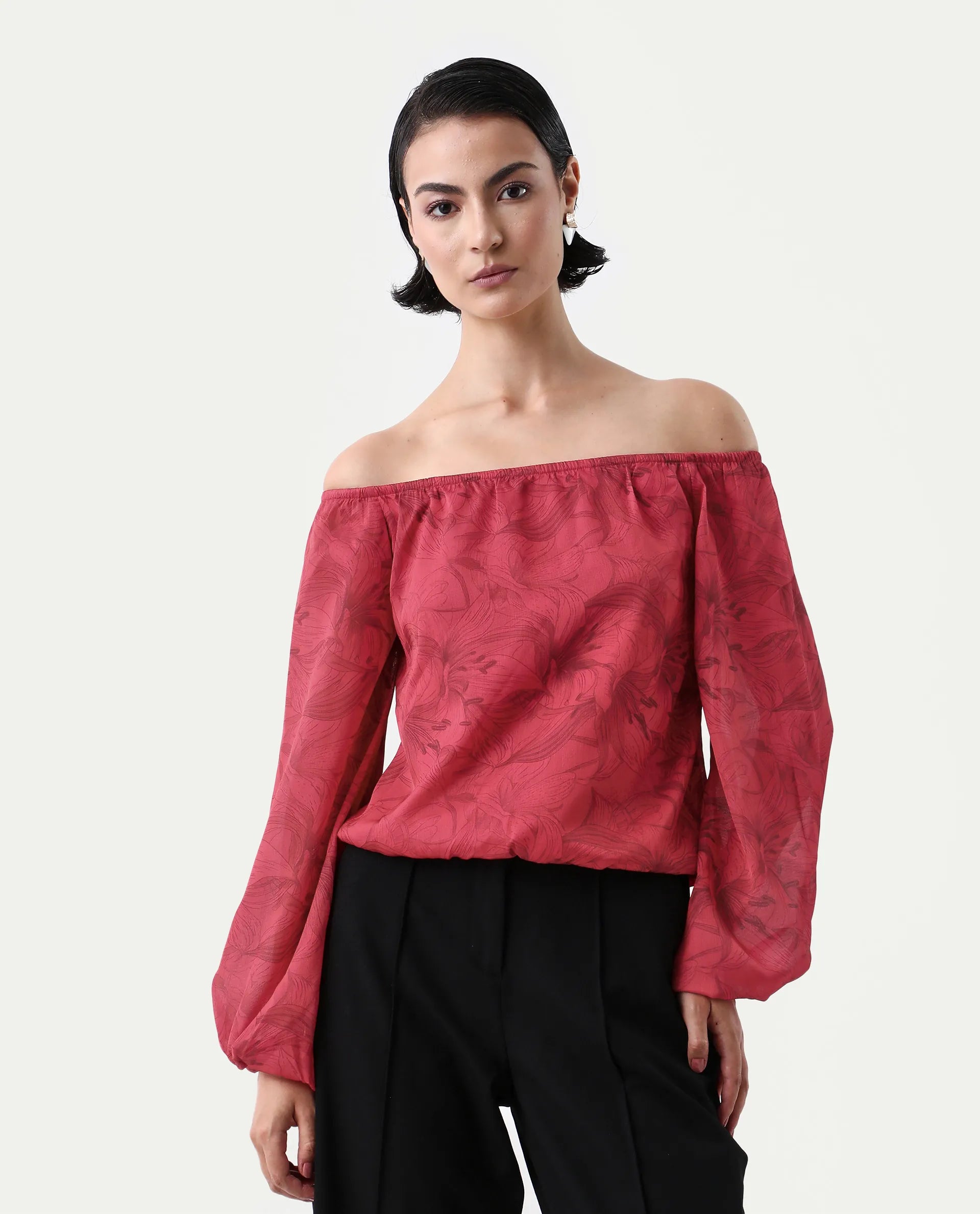 Rareism Women's Somgam Dark Red Polyester Off Shoulder Floral Print Bishop Sleeve Regular Fit Top