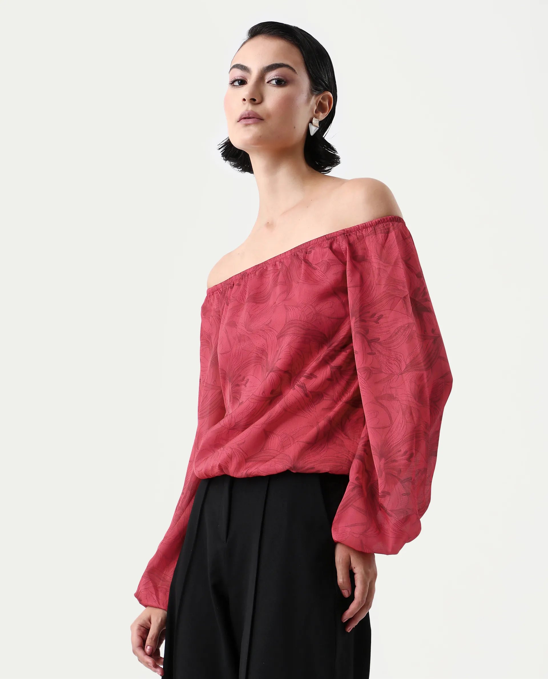 Rareism Women's Somgam Dark Red Polyester Off Shoulder Floral Print Bishop Sleeve Regular Fit Top