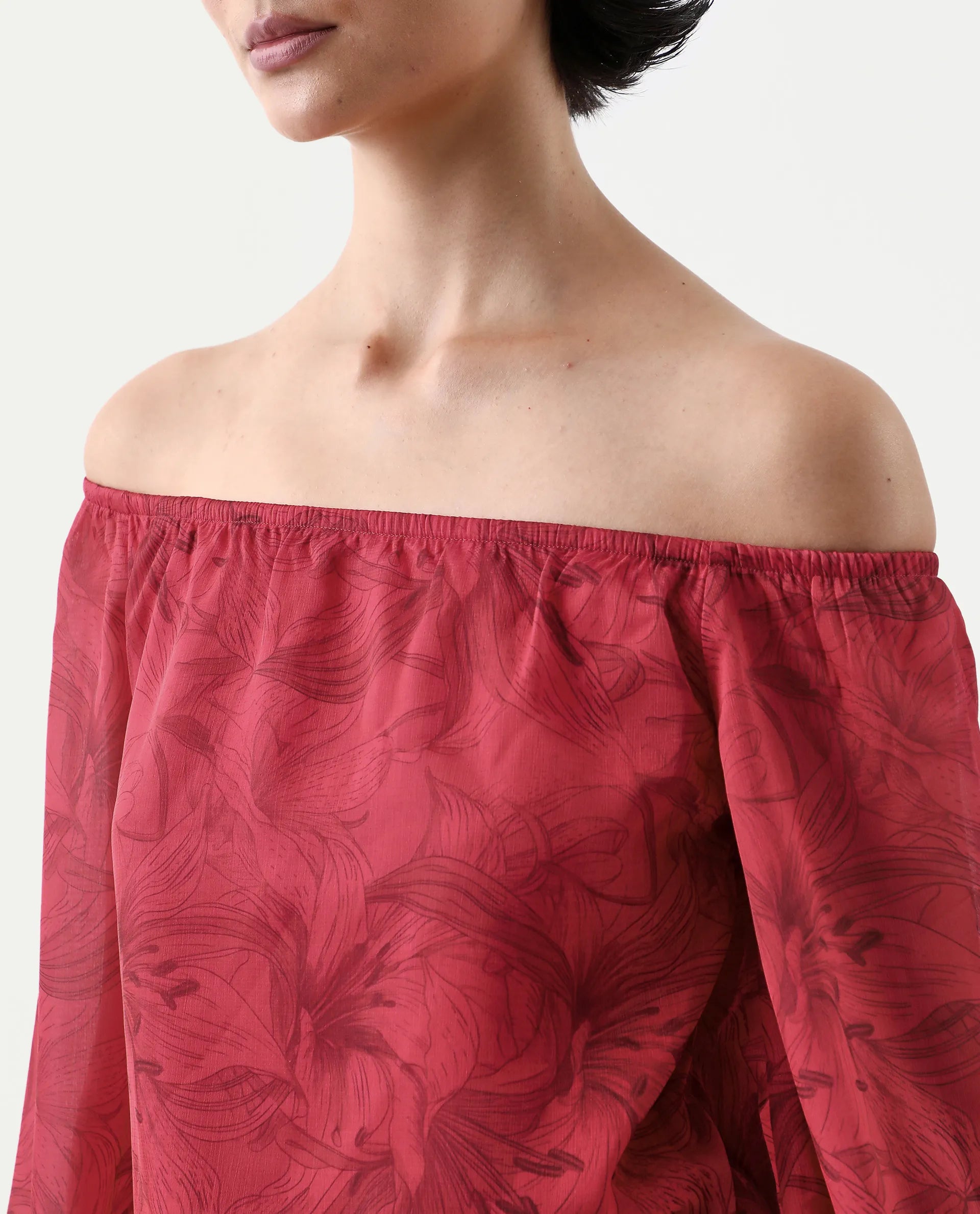 Rareism Women's Somgam Dark Red Polyester Off Shoulder Floral Print Bishop Sleeve Regular Fit Top