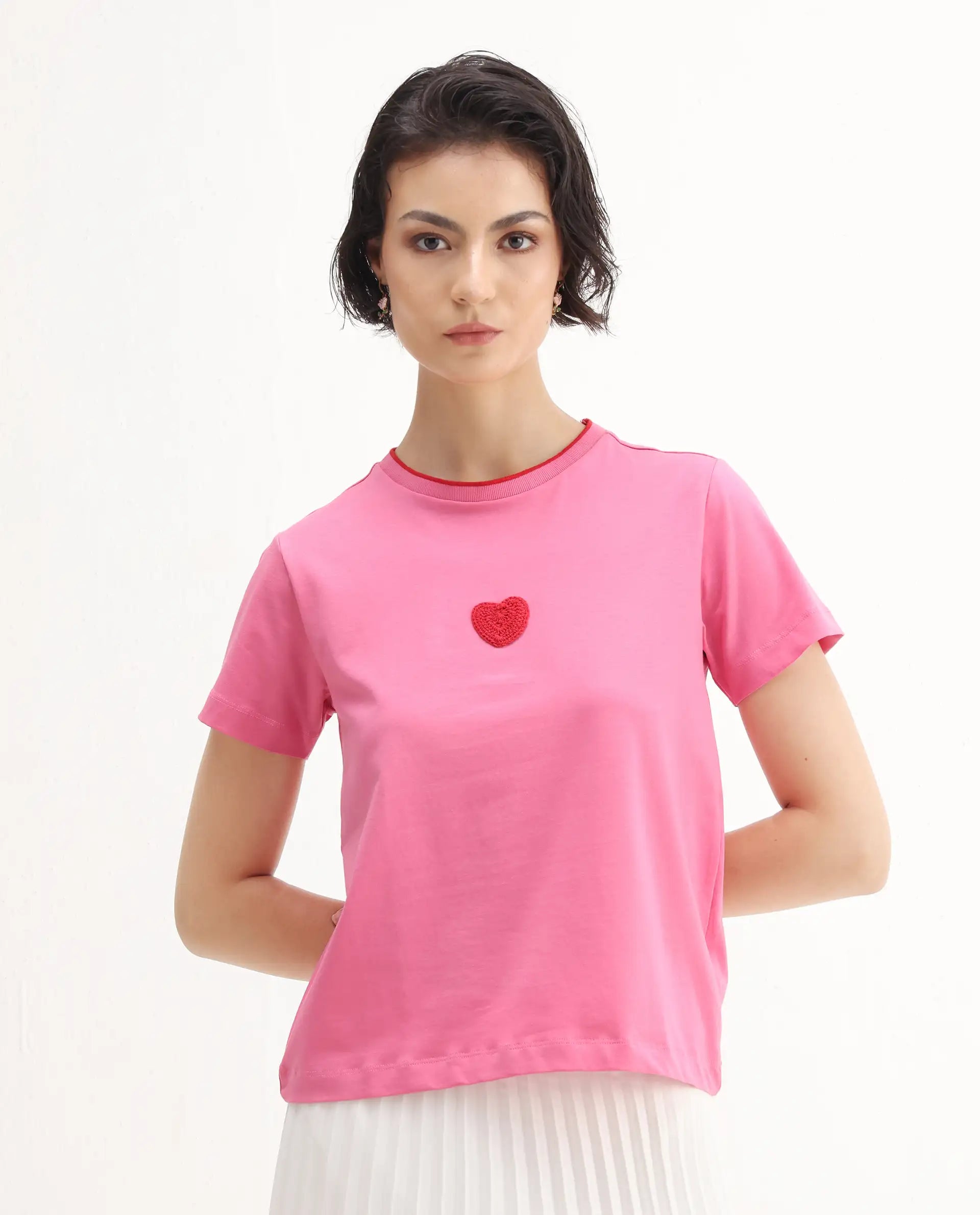 Rareism Women's Somger Pink Cotton Blend Crew Neck Embroidered Regular Fit T-Shirt
