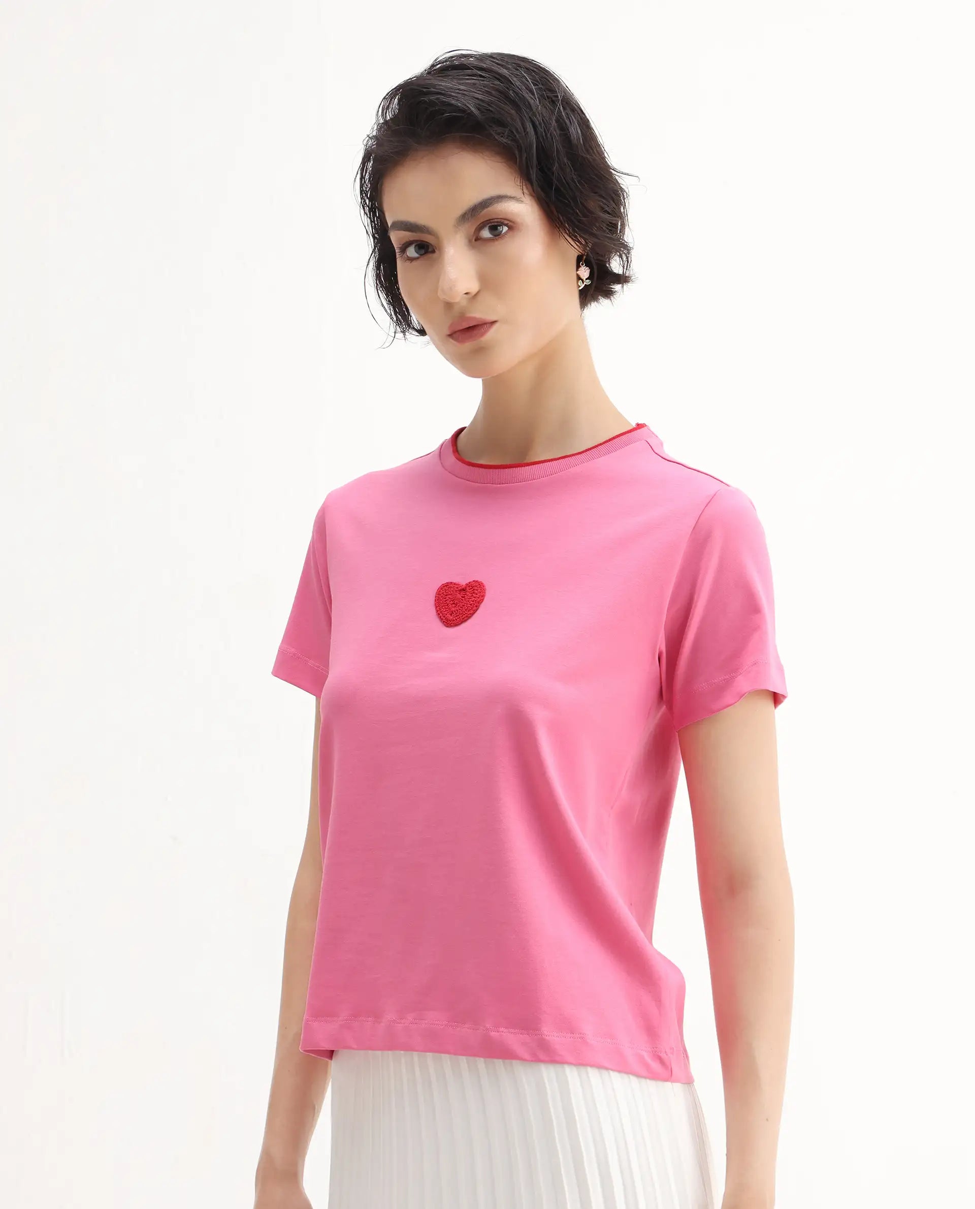 Rareism Women's Somger Pink Cotton Blend Crew Neck Embroidered Regular Fit T-Shirt