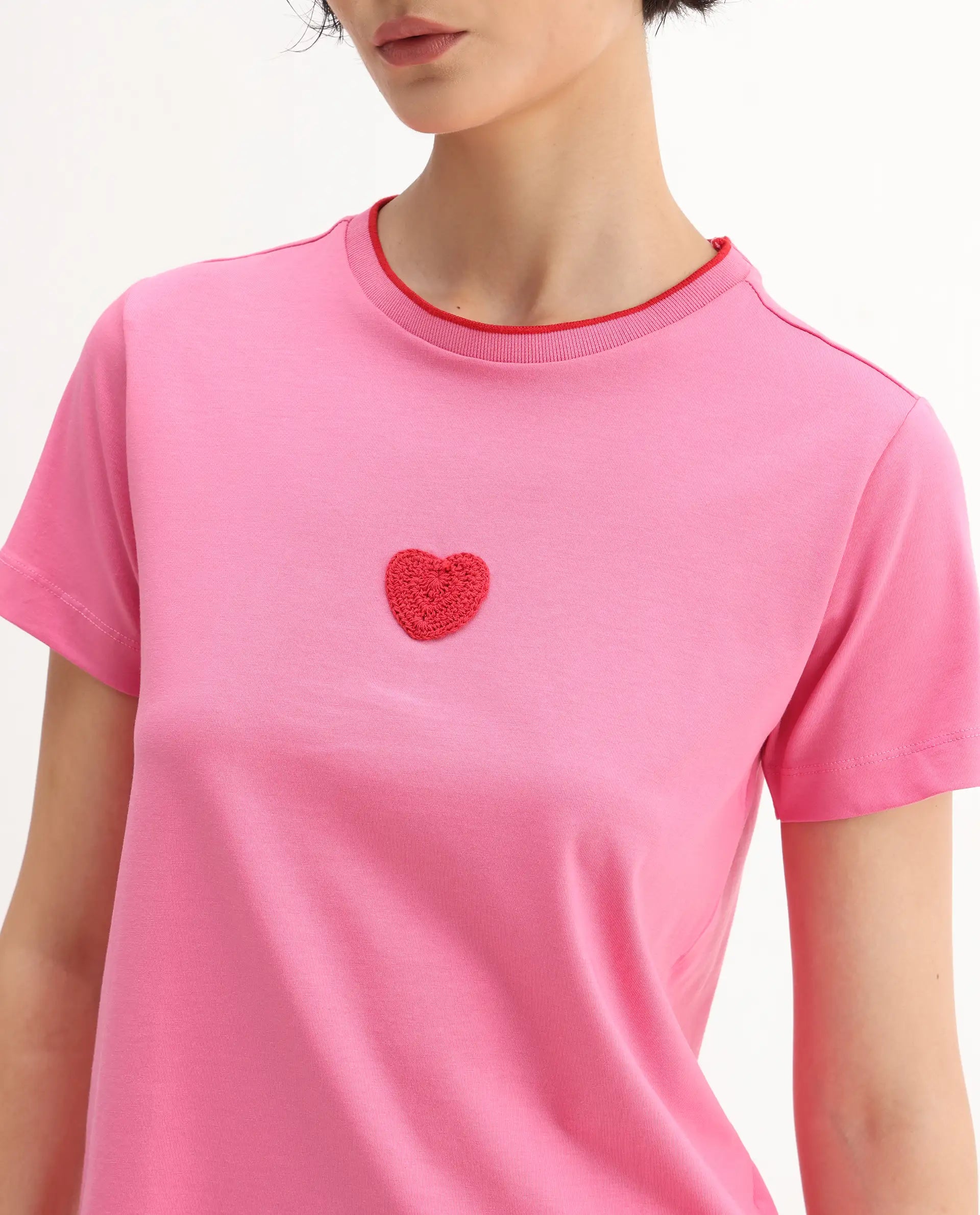 Rareism Women's Somger Pink Cotton Blend Crew Neck Embroidered Regular Fit T-Shirt