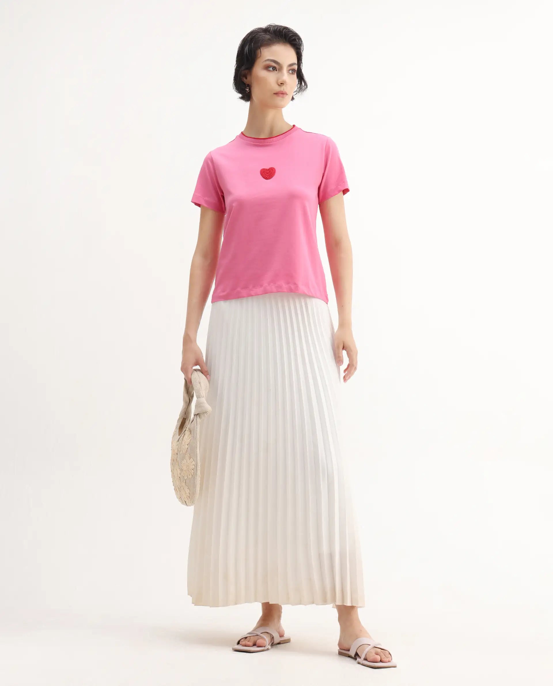 Rareism Women's Somger Pink Cotton Blend Crew Neck Embroidered Regular Fit T-Shirt