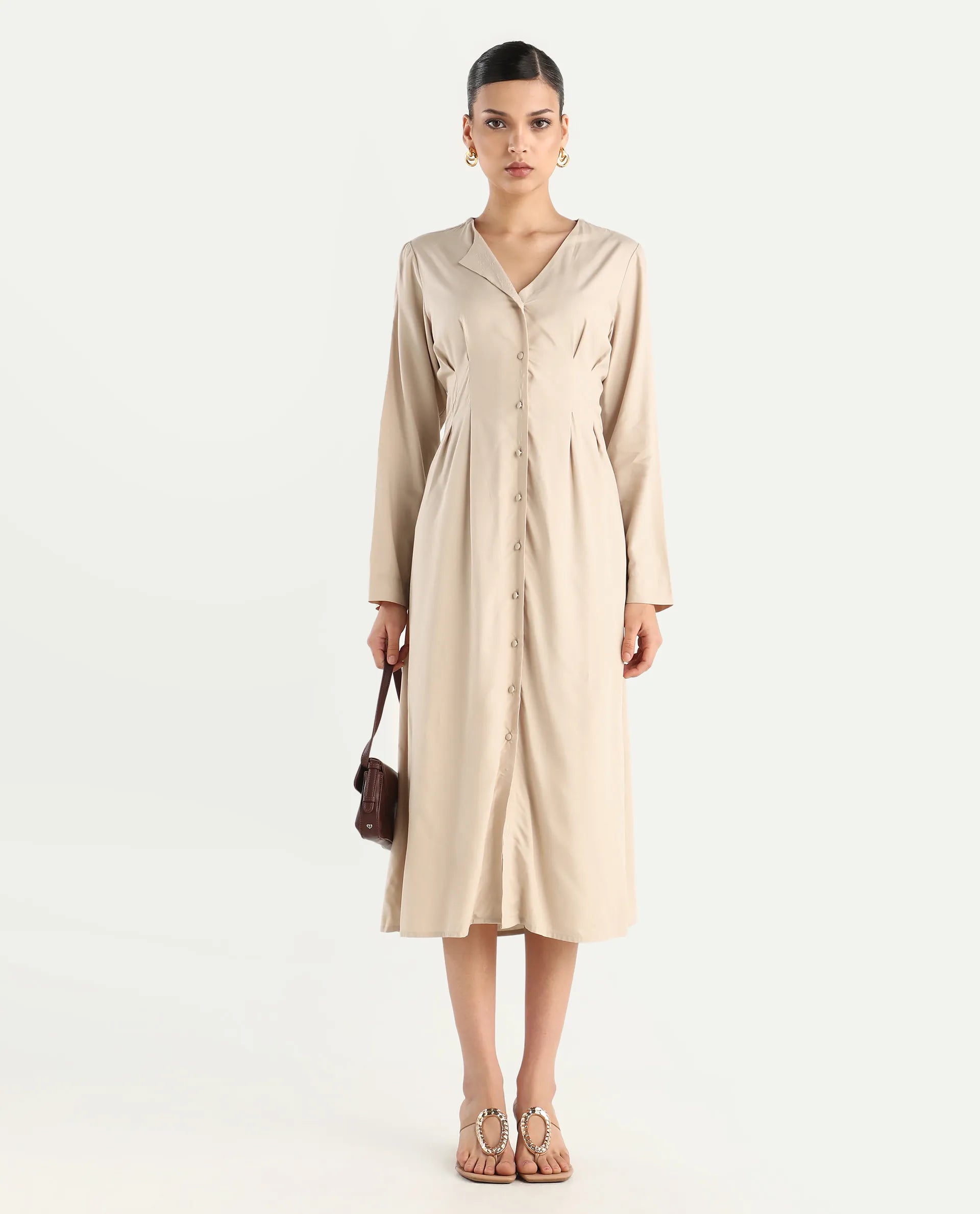 Rareism Women's Somgrip Beige Viscose V-Neck Plain Midi A-Line Dress