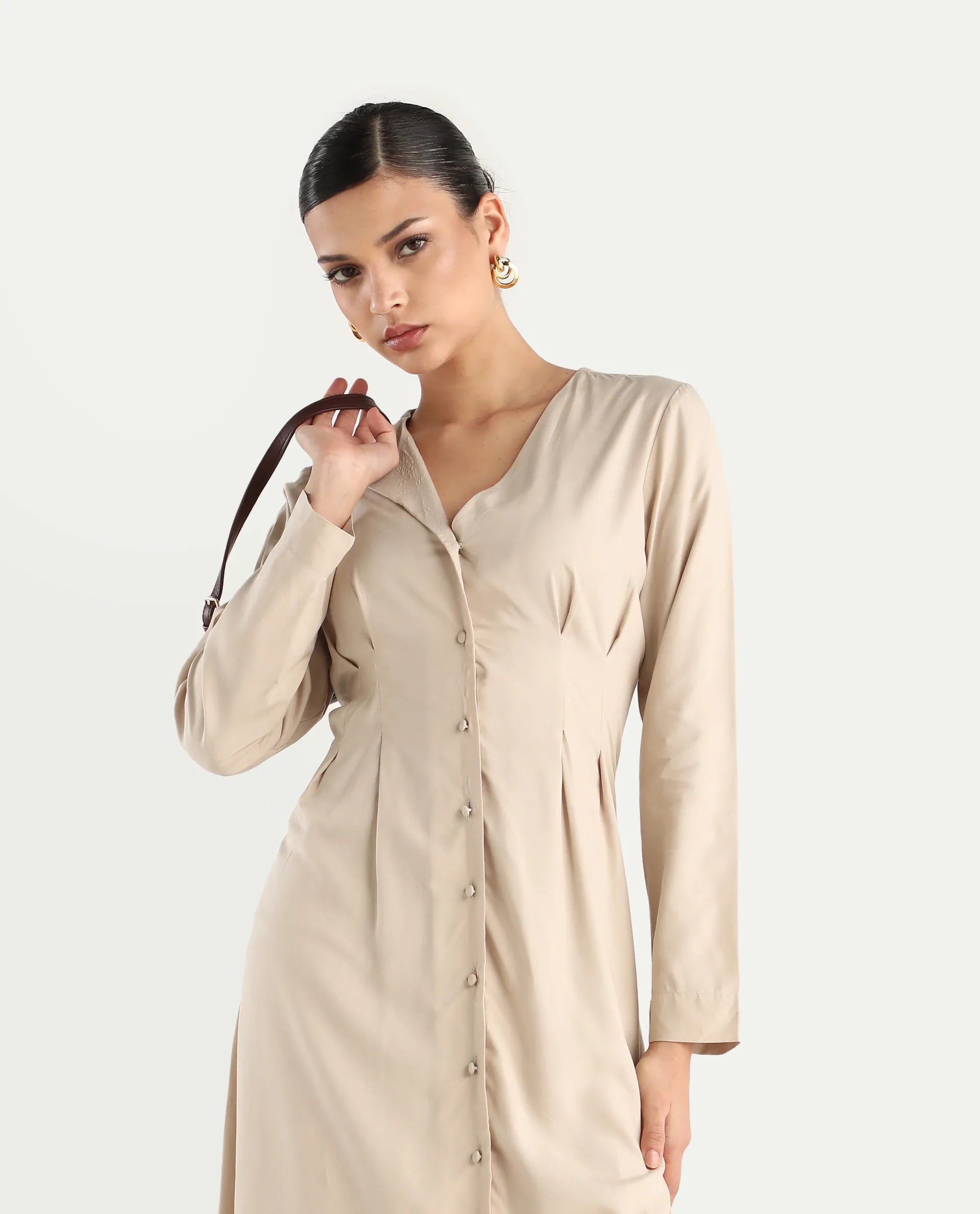 Rareism Women's Somgrip Beige Viscose V-Neck Plain Midi A-Line Dress