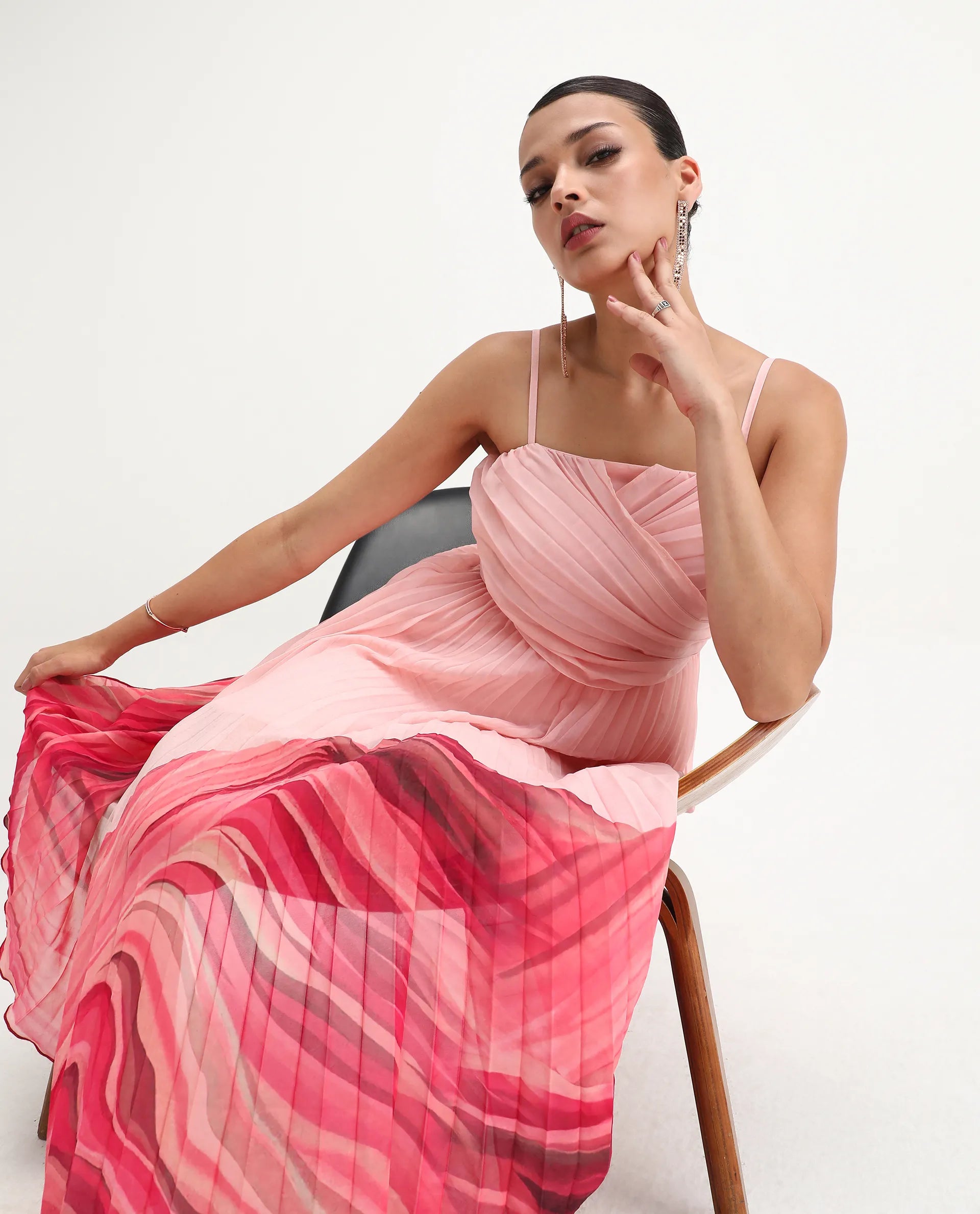 Rareism Women's Somhey Pink Polyester Shoulder Strap Plain Shoulder Strap Midi Fit And Flare Dress