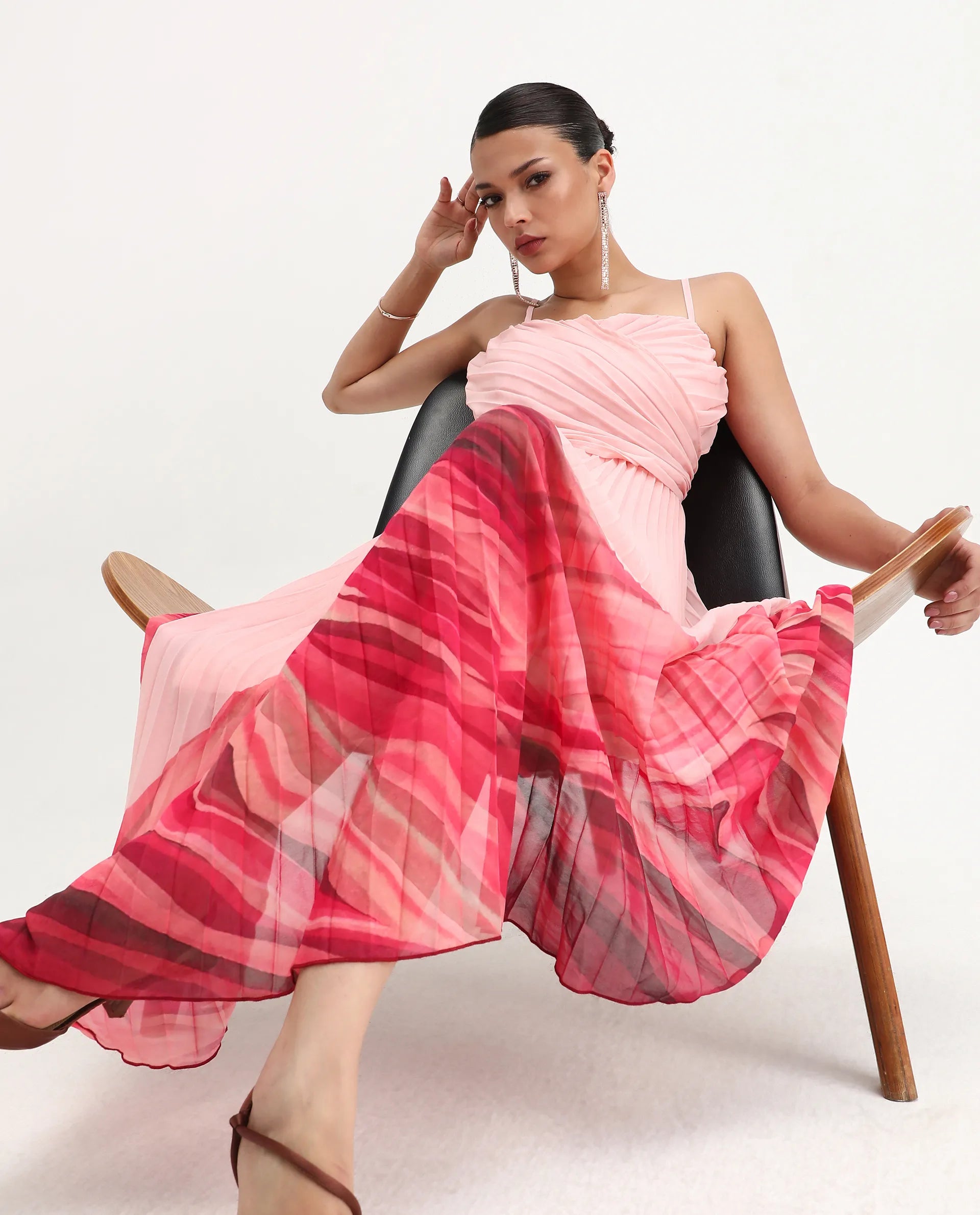 Rareism Women's Somhey Pink Polyester Shoulder Strap Plain Shoulder Strap Midi Fit And Flare Dress