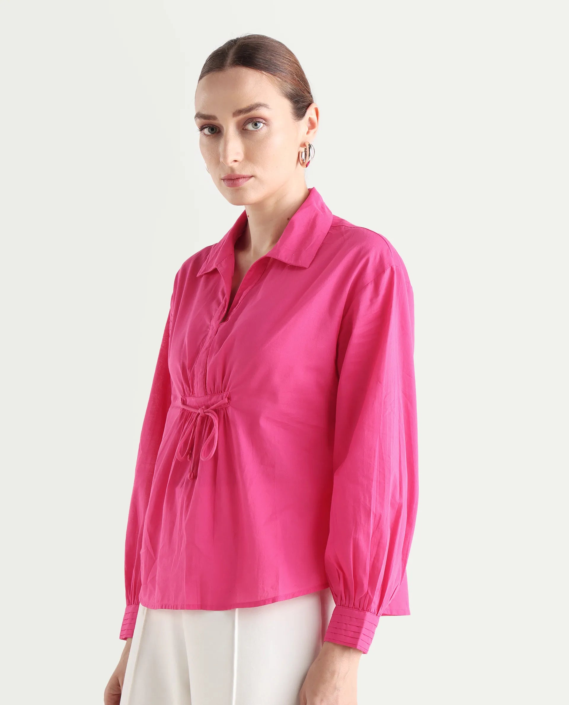 Rareism Women's Somhur T Pink Cotton Spread Collar Plain Bishop Sleeve Relaxed Fit Top
