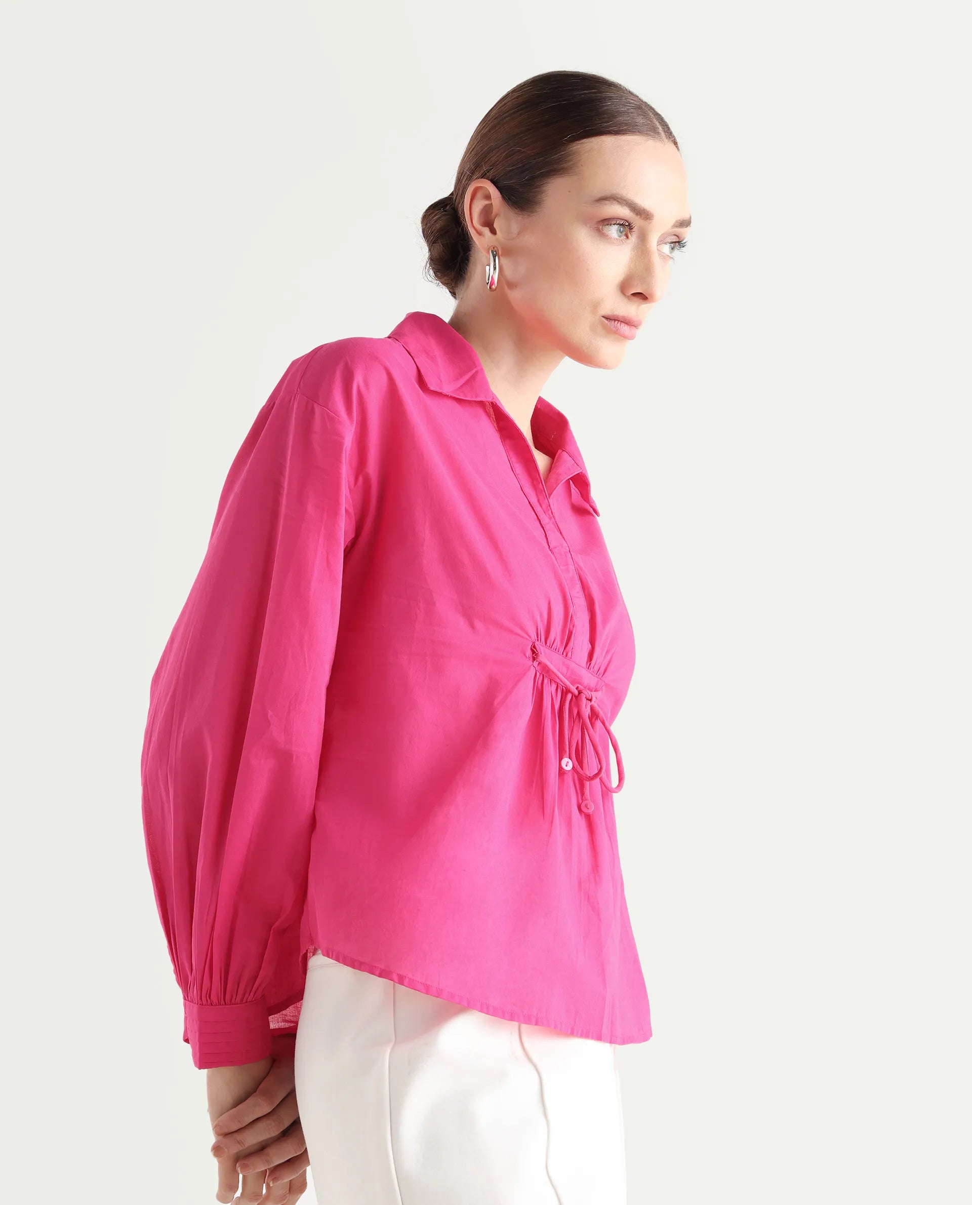 Rareism Women's Somhur T Pink Cotton Spread Collar Plain Bishop Sleeve Relaxed Fit Top