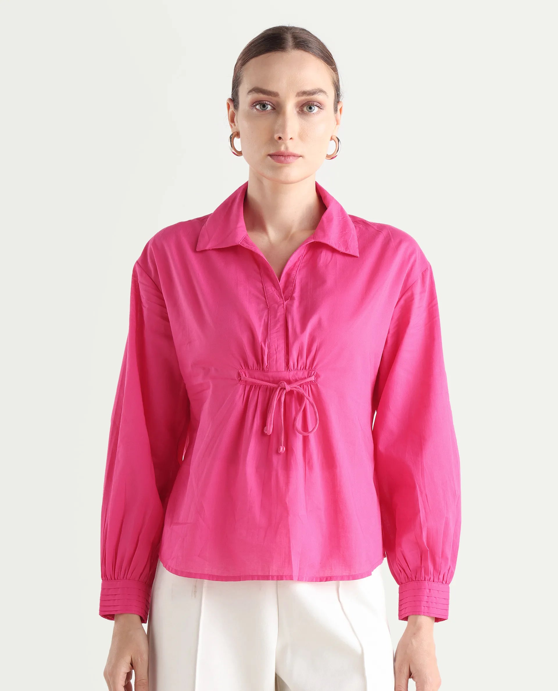 Rareism Women's Somhur T Pink Cotton Spread Collar Plain Bishop Sleeve Relaxed Fit Top