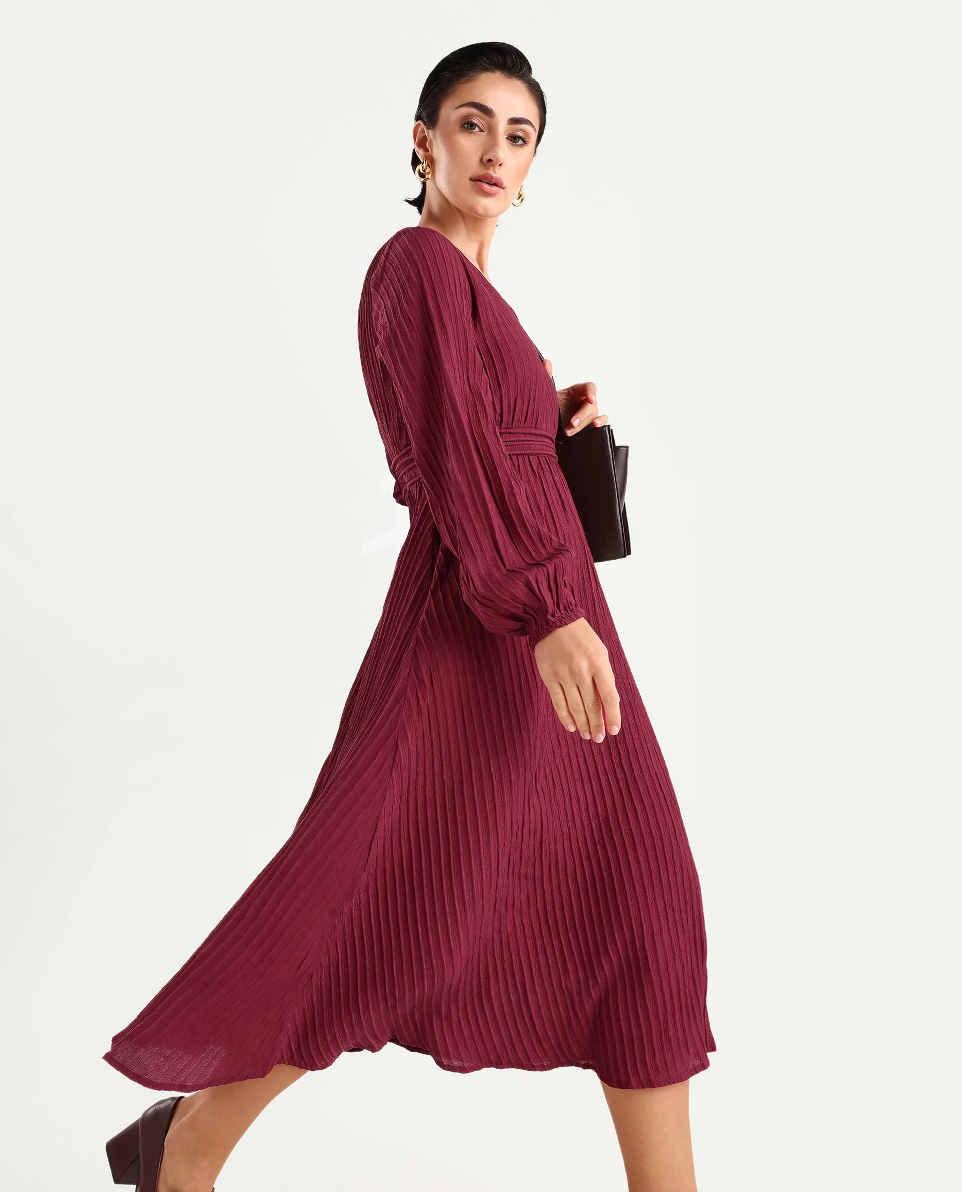 Rareism Women's Somiki Dark Red Polyester Blend V-Neck Plain Bishop Sleeve Midi Flared Dress