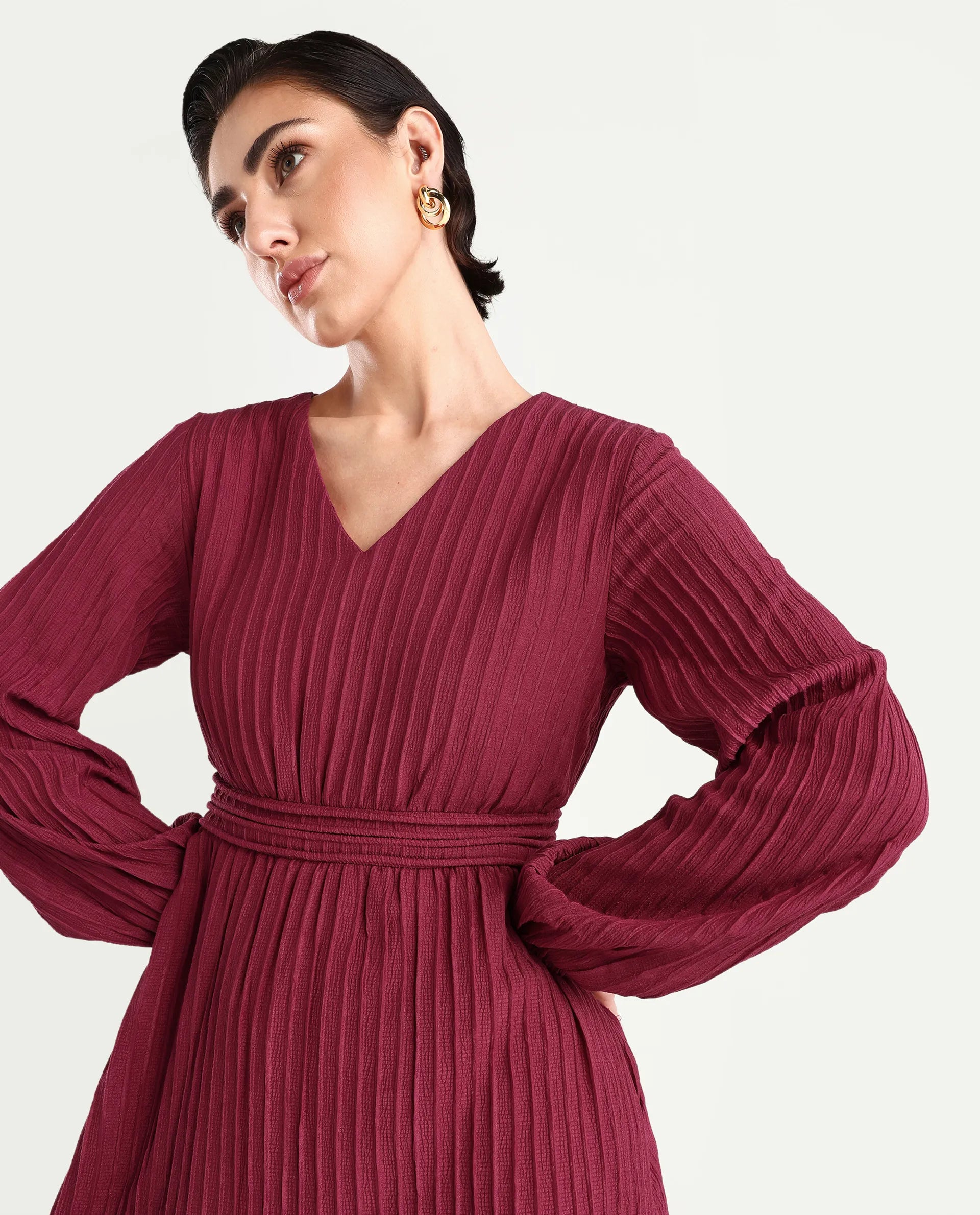 Rareism Women's Somiki Dark Red Polyester Blend V-Neck Plain Bishop Sleeve Midi Flared Dress