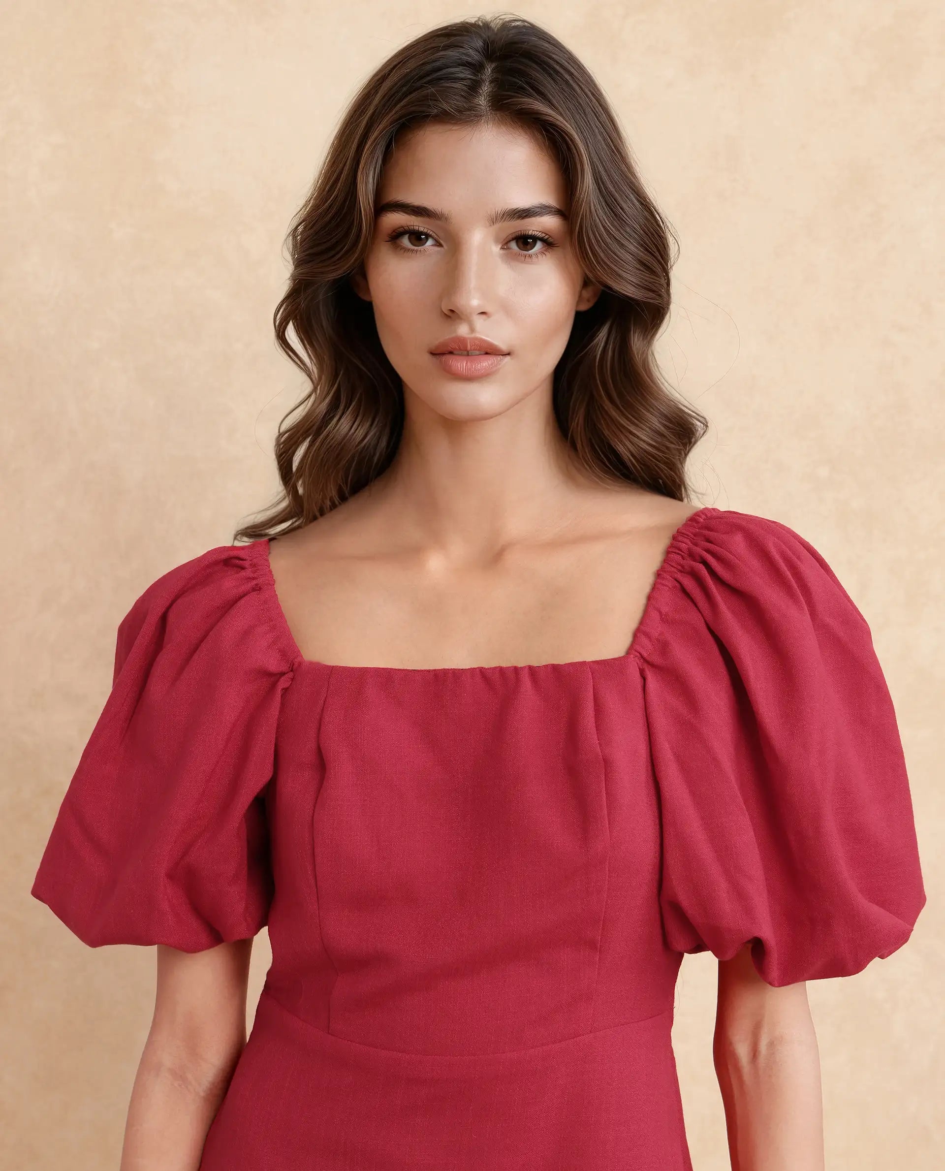 Rareism Women Somkan Red Polyester Fabric Balloon Sleeve Square Neck Zipper Closure Straight Fit Mini Plain Dress