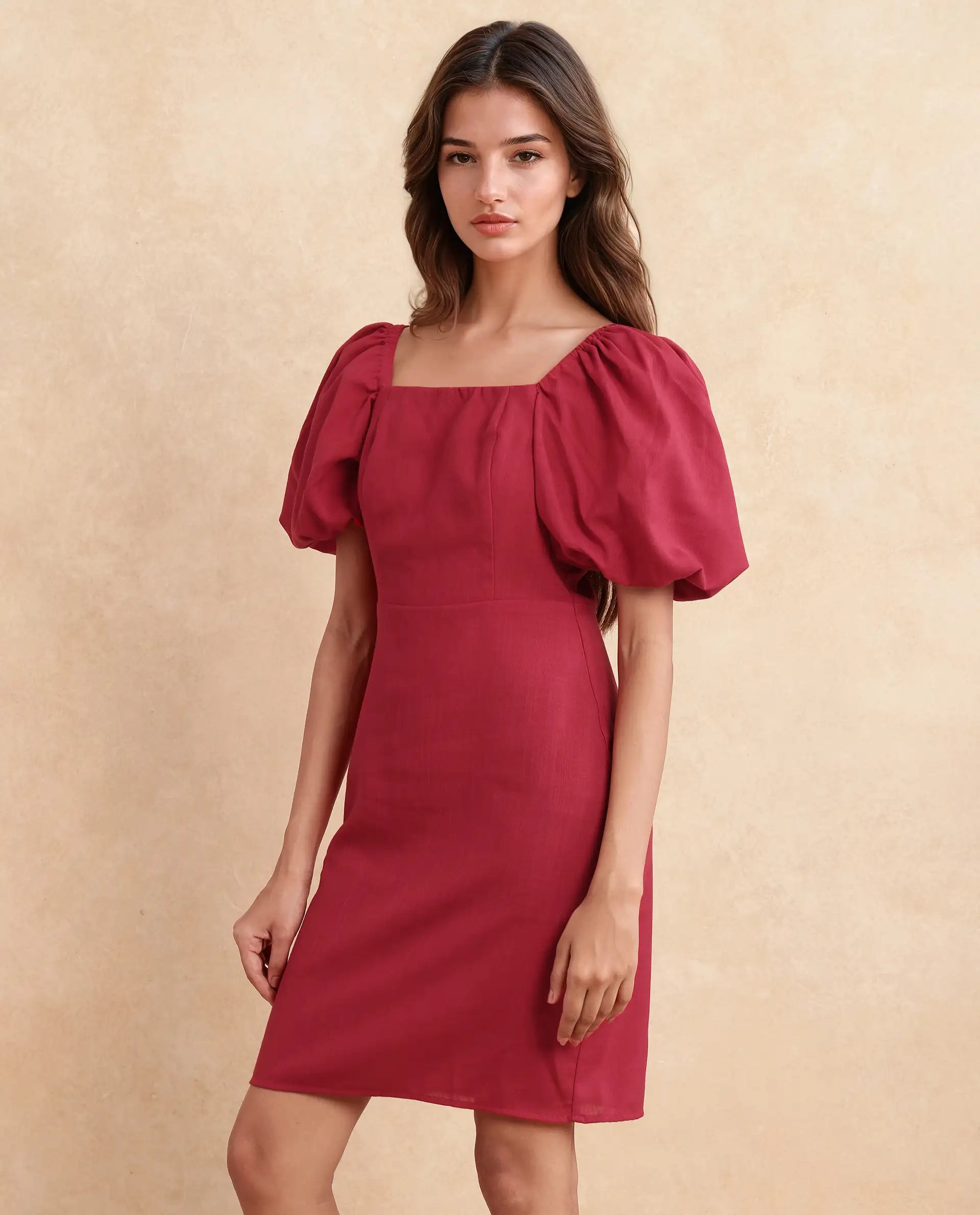 Rareism Women Somkan Red Polyester Fabric Balloon Sleeve Square Neck Zipper Closure Straight Fit Mini Plain Dress