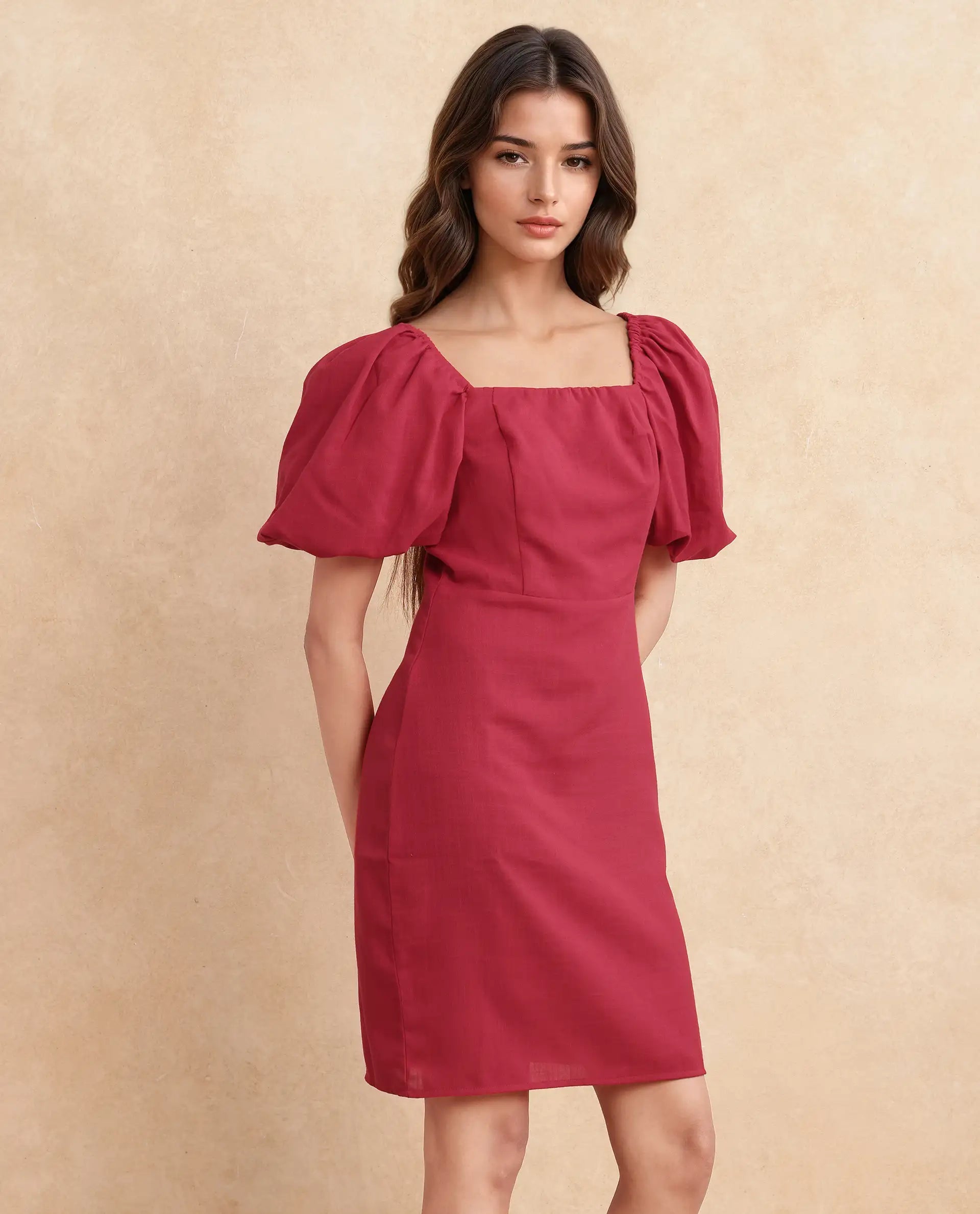Rareism Women Somkan Red Polyester Fabric Balloon Sleeve Square Neck Zipper Closure Straight Fit Mini Plain Dress