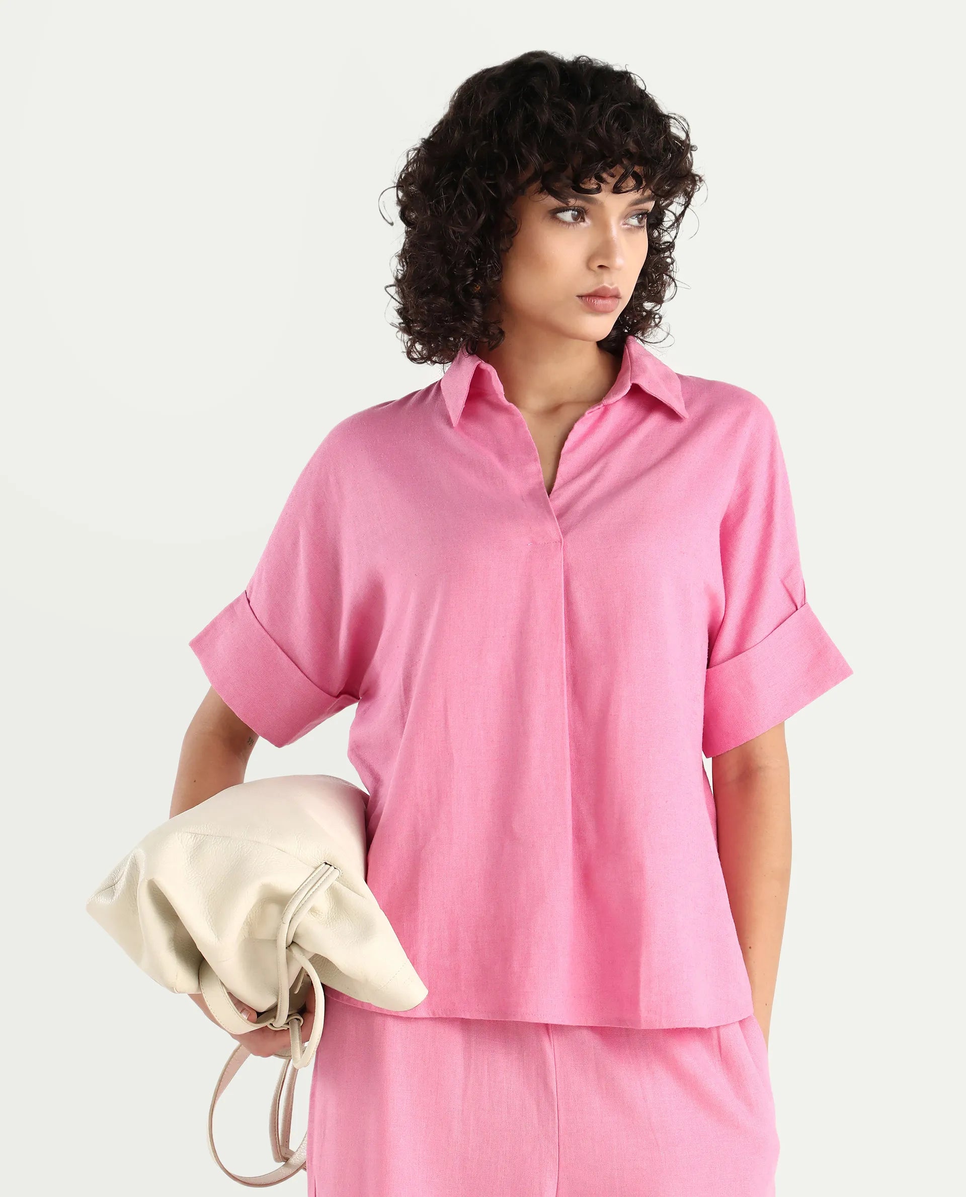 Rareism Women's Somkar T Pink Viscose Blend Johnny Collar Plain Extended Sleeves Relaxed Fit Top