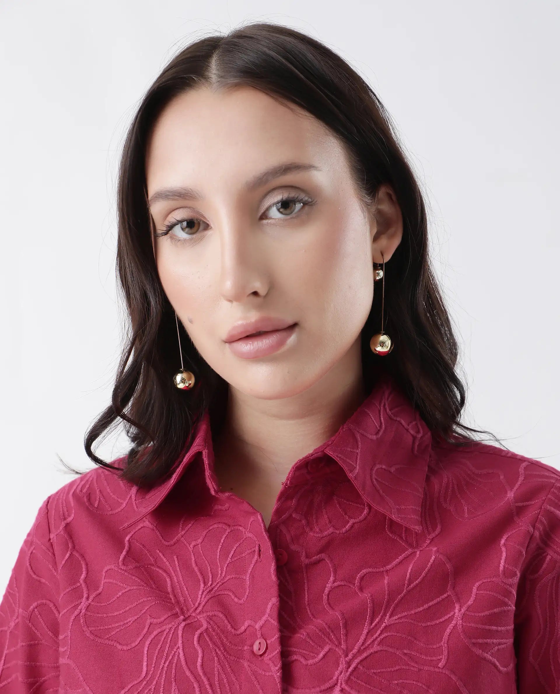 Rareism Women's Somkil-T Pink Cotton Collared Embroidered Crop Regular Fit Shirt