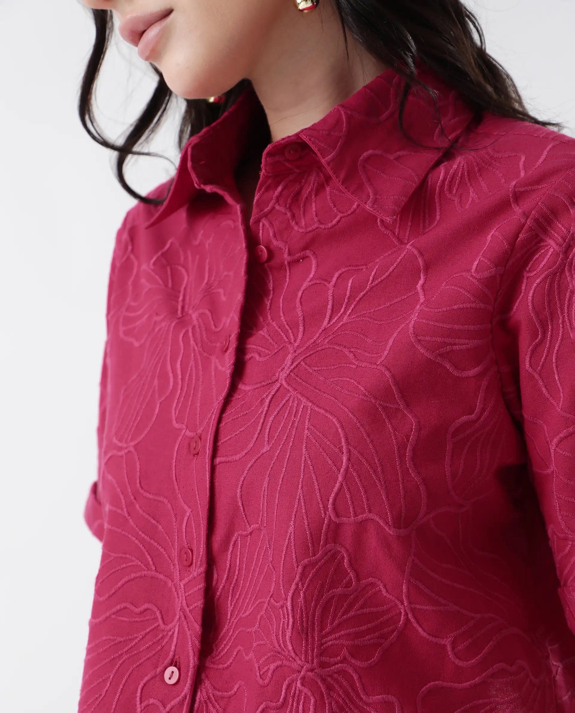 Rareism Women's Somkil-T Pink Cotton Collared Embroidered Crop Regular Fit Shirt
