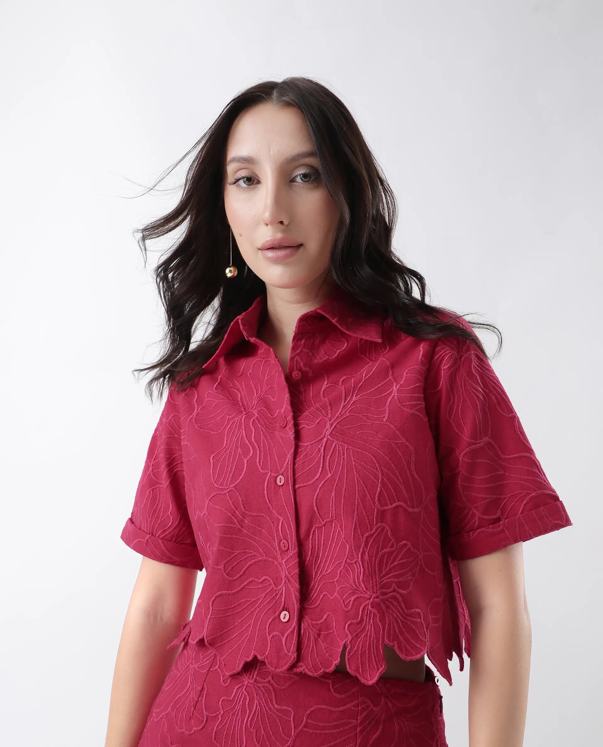 Rareism Women's Somkil-T Pink Cotton Collared Embroidered Crop Regular Fit Shirt