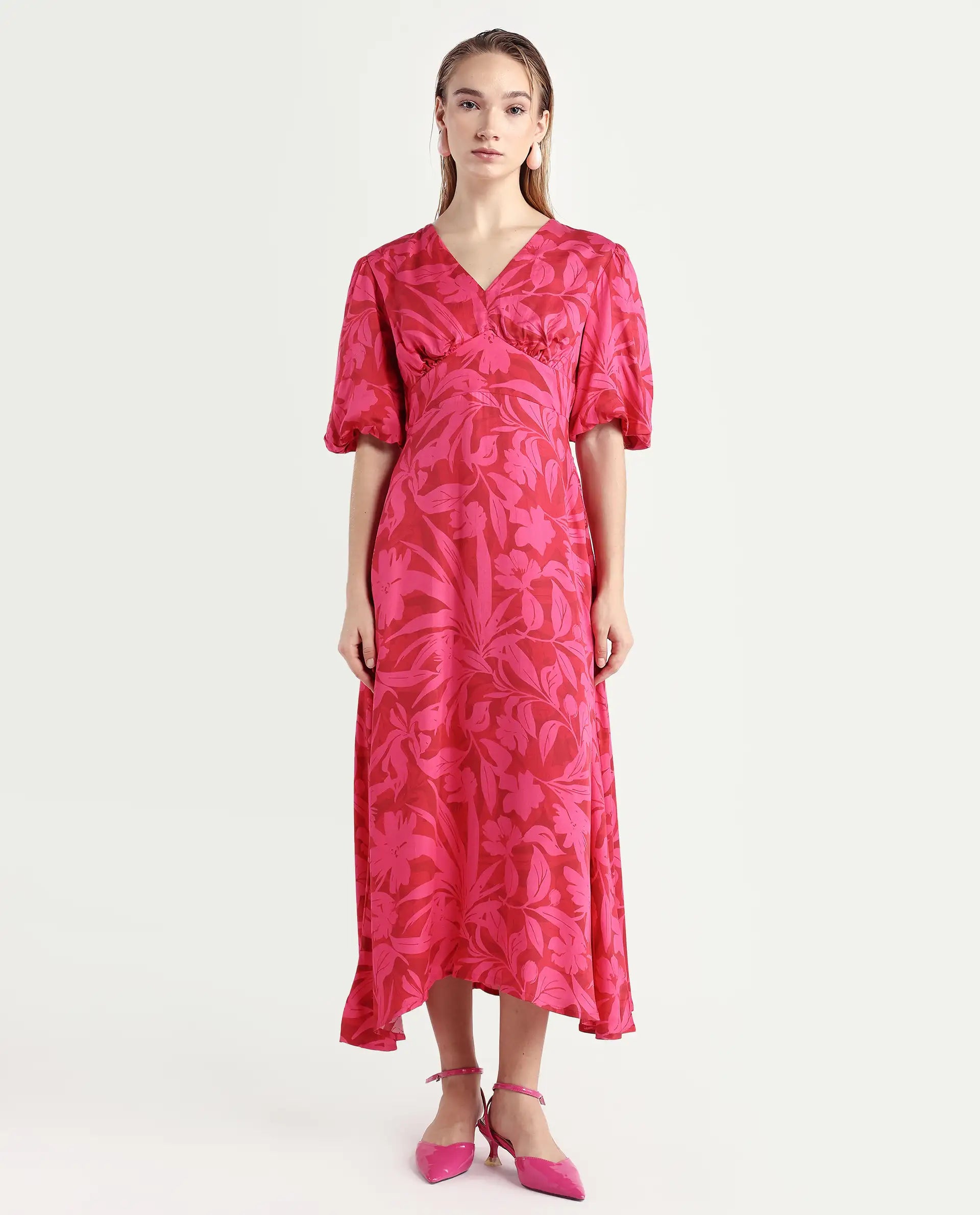 Rareism Women's Somkin Pink Modal V-Neck Floral Print Balloon Sleeve Midi A-Line Dress
